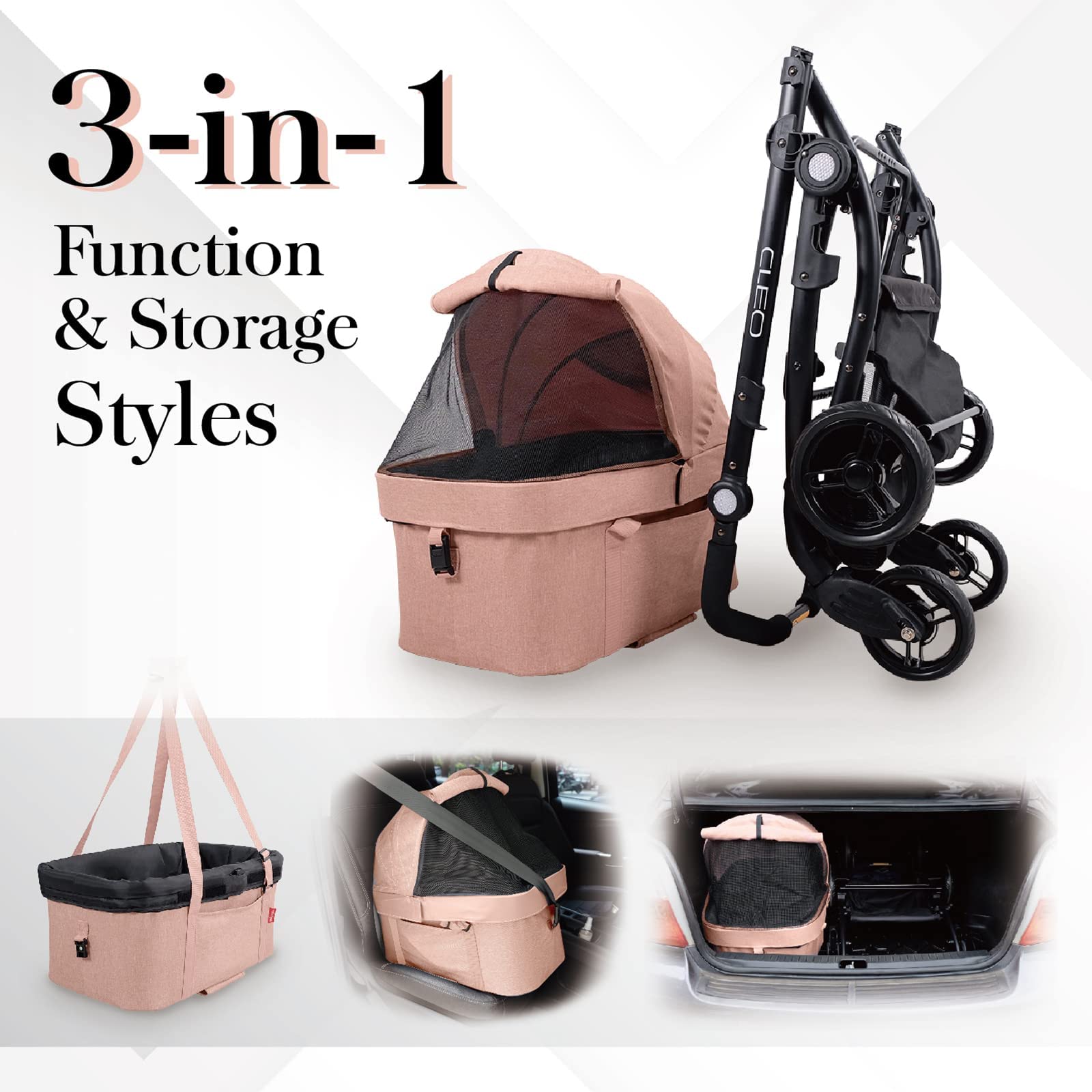 **iBiyaya 3-in-1 Cleo Travel System Pet Stroller for Small & Medium Dogs & Cats up to 44 lbs – Lightweight Dog Stroller, Carrier & Travel Bag in Coral Pink – Perfect for Walks, Vet Visits & Outdoor Adventures**