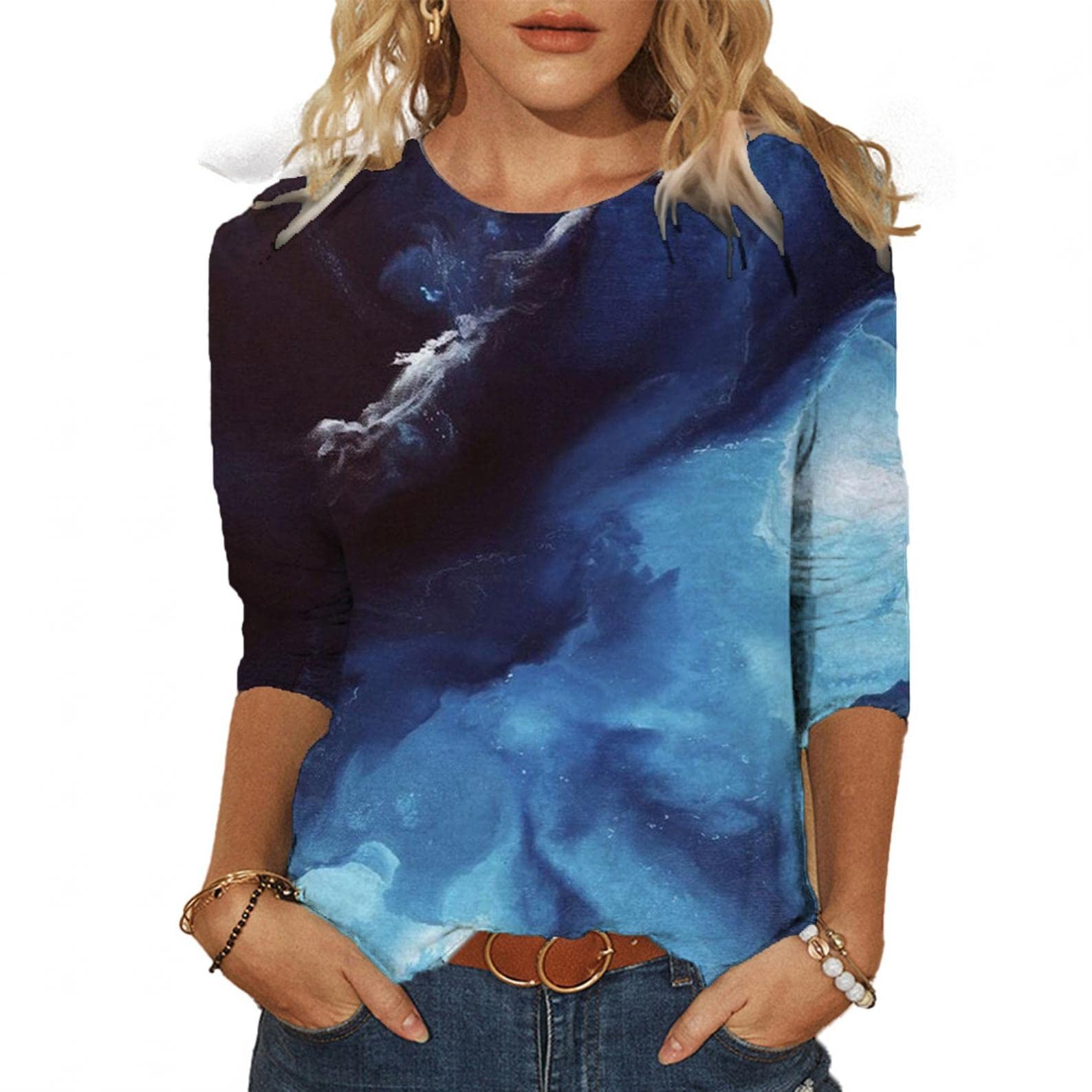 Butterfly Printed 3/4 Sleeve Crewneck Graphic Tee for Women - Casual Blouse Tops for Everyday Wear, Work & Weekend Outfits