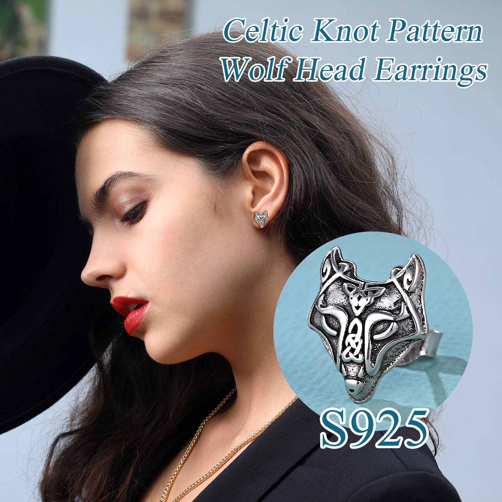 Viking Jewelry Thor's Hammer Stud Earrings - Sterling Silver Norse Wolf Head & Celtic Knot Design - Unisex Viking Jewelry for Men & Women - Perfect for Cosplay, Historical Reenactments & Norse Fashion