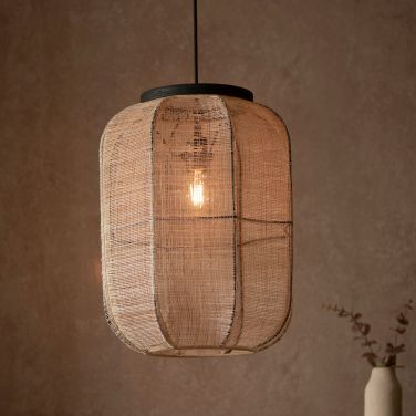 Handmade Wood and Linen Pendant Light Fixture - 1Lt Medium/Large Size - Perfect for Dining Room, Bedroom or Living Room Lighting