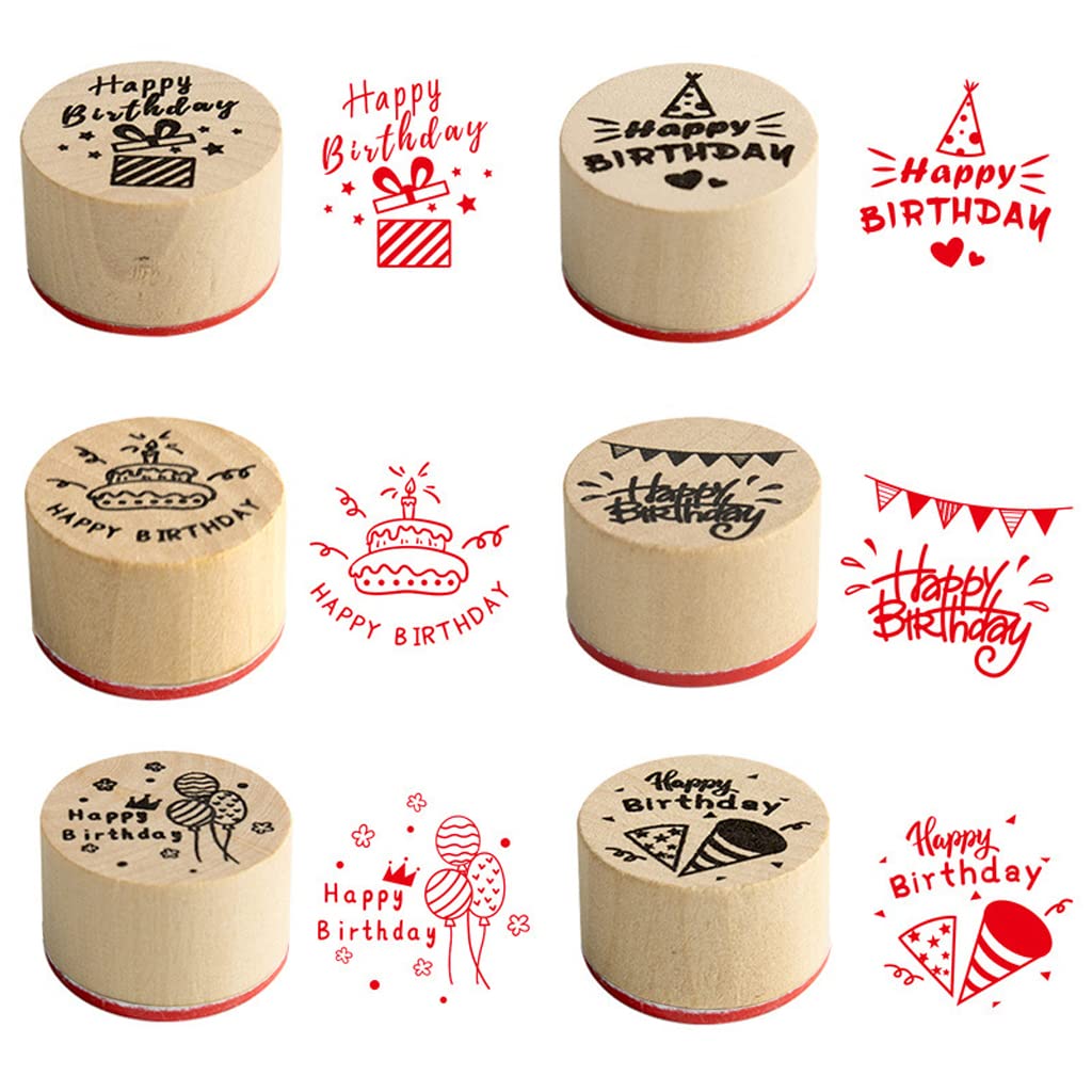 6-Piece Round Wooden Rubber Stamp Set for DIY Card Making, Scrapbooking & Crafts - Happy Birthday Pattern Stamps - Perfect for Greeting Cards, Invitations, and Handmade Gifts
