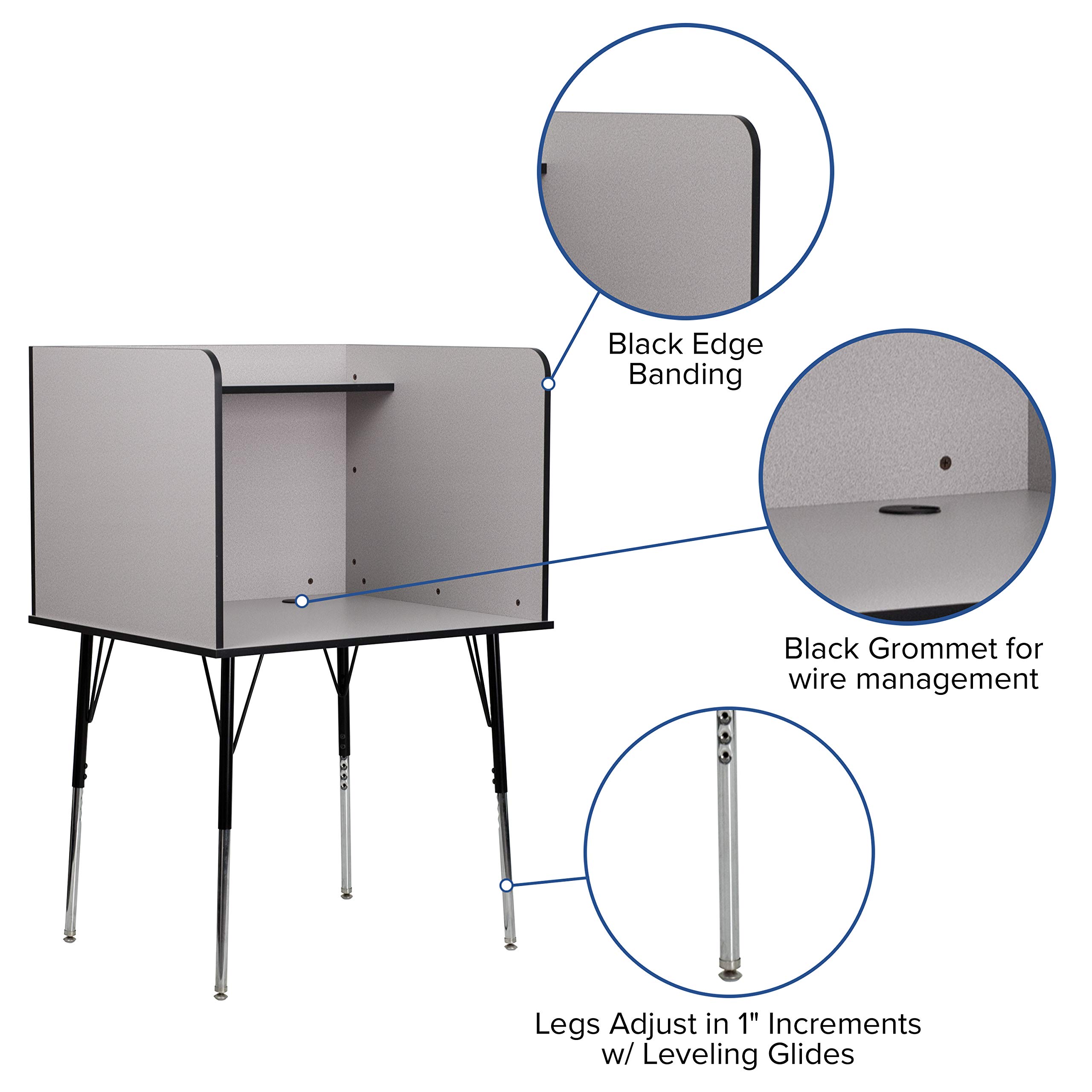 Adjustable Study Carrel Desk with Nebula Grey Finish, Top Shelf & Wire Management Grommet - Perfect for Home Office, Library & Small Spaces