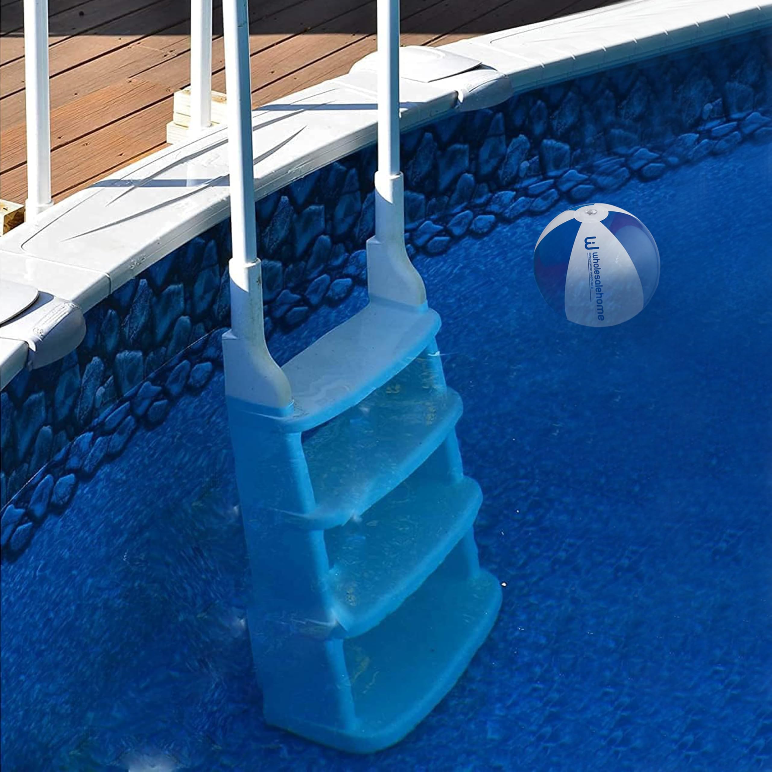 Easy Incline 200200 Above Ground Pool Deck Ladder - White In-Pool Swimming Ladder with Non-Slip Steps | Includes Free Beach Ball | Perfect for Backyard Pools, Inground Pools & Beach Parties