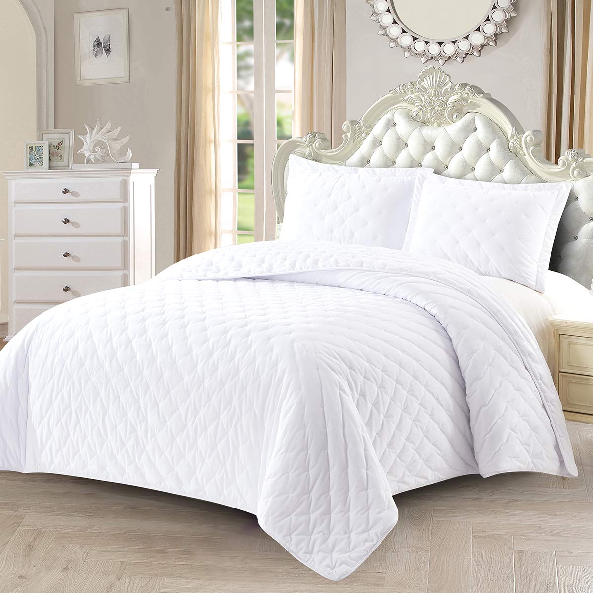 Royal Hotel Luxury Velvet King Size Quilt Set - 100% Velvet Oversized Coverlet 110x96 Inches, 3pc White Velvet Bedding Set for Master Bedroom & Guest Room Decor