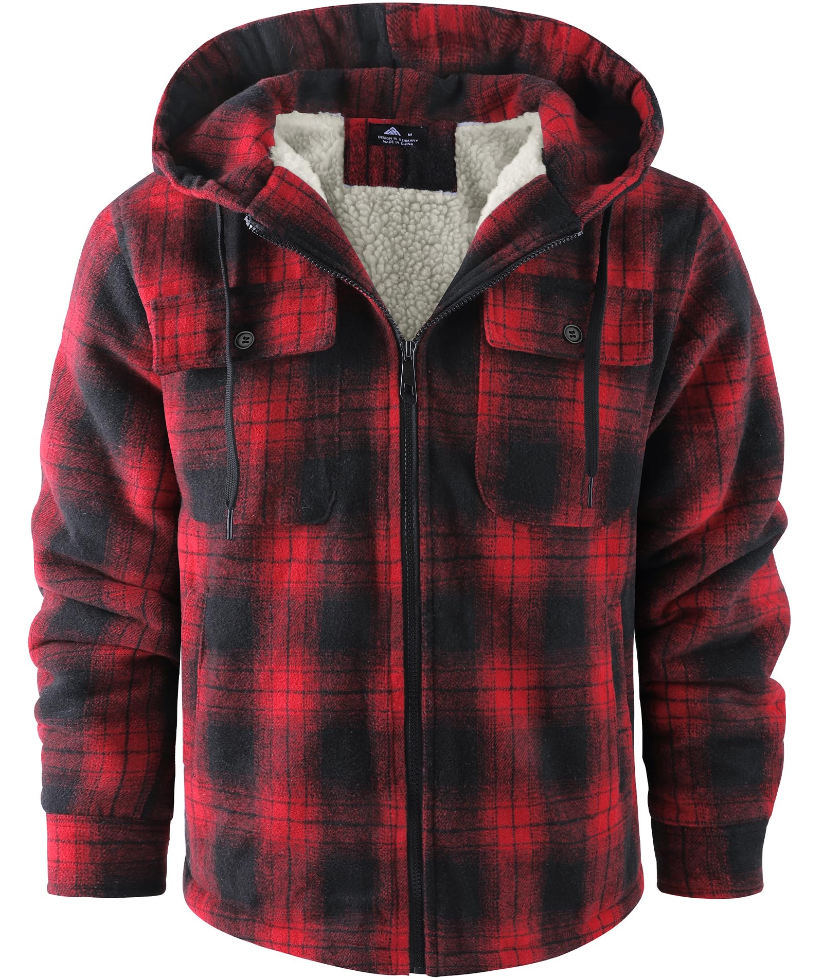 Men's Plaid Flannel Shirt Jacket with Fleece Lining & Sherpa Hood - Warm Zip-Up Outdoor Shacket for Fall/Winter - Perfect for Camping, Hiking and Casual Wear