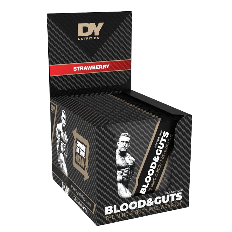 Dorian Yates Blood and Guts Pre-Workout Powder - Strawberry Flavor (20 x 19g Sachets) for Muscle Growth & Energy Boost | Ideal for Gym, Bodybuilding & Fitness Training