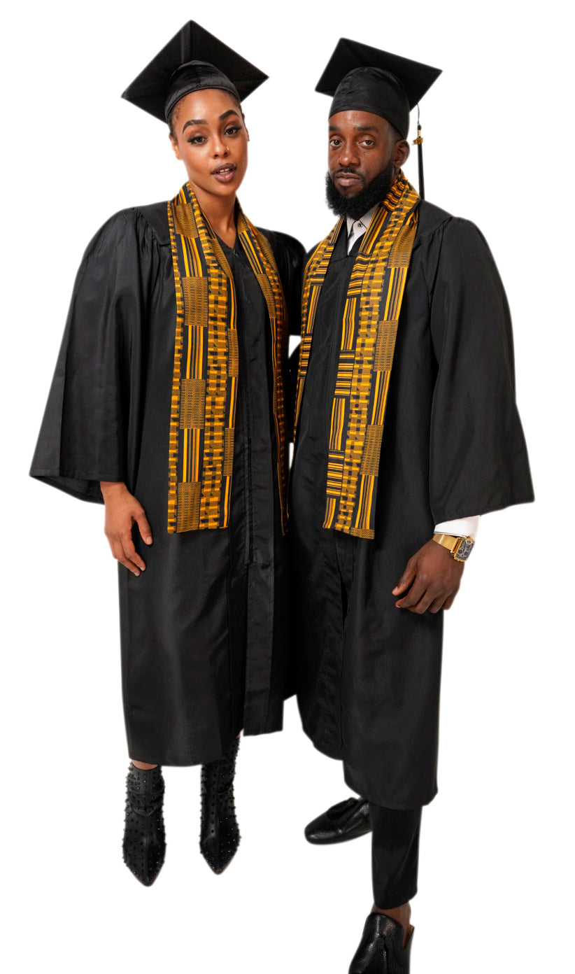 Authentic Gold Kente African Print Graduation Stole - Traditional Ghanaian Sash for Graduation Ceremonies, Cultural Events & African Heritage Celebrations