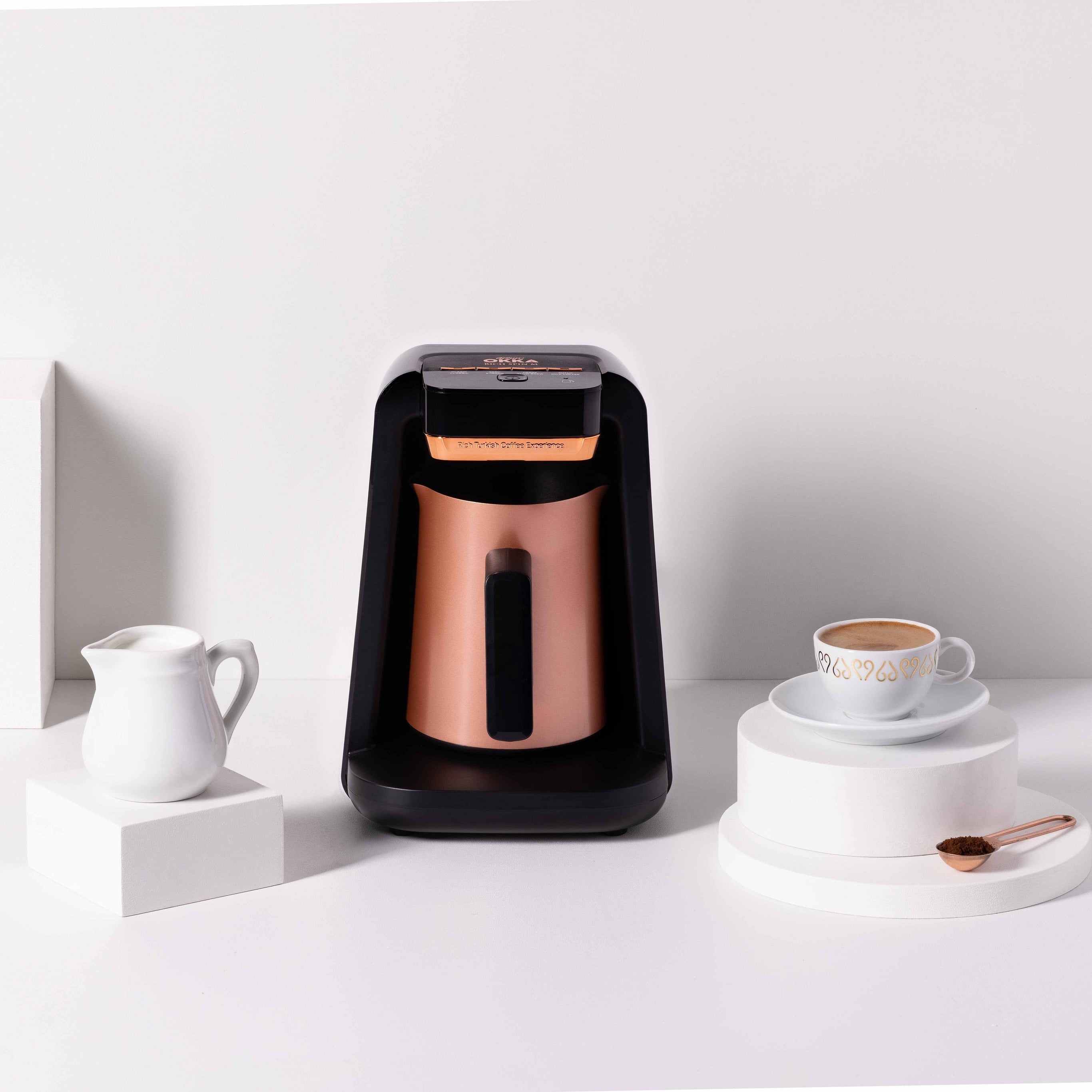 Arzum Okka Rich Automatic Turkish Coffee Maker & Hot Beverage Machine - Velvetiser for Espresso, Latte & Tea - 120V Black/Copper - Perfect for Home, Office & Gifts