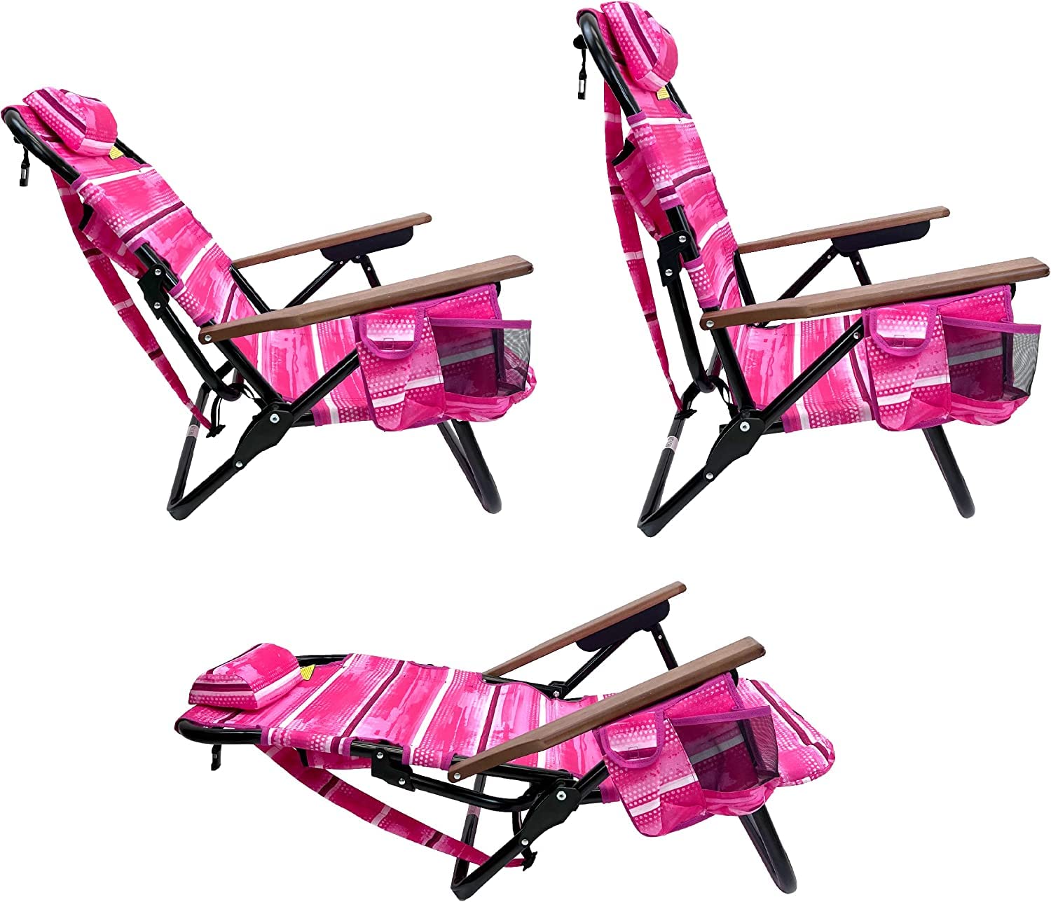 5-Position Adjustable Beach Chair with Cup Holder & Storage Pouch - Lightweight Rustproof Aluminum Frame & Padded Pillow - Perfect for Beach, Camping, Backyard & Outdoor Relaxation (2 Pack, Pink Stripes)