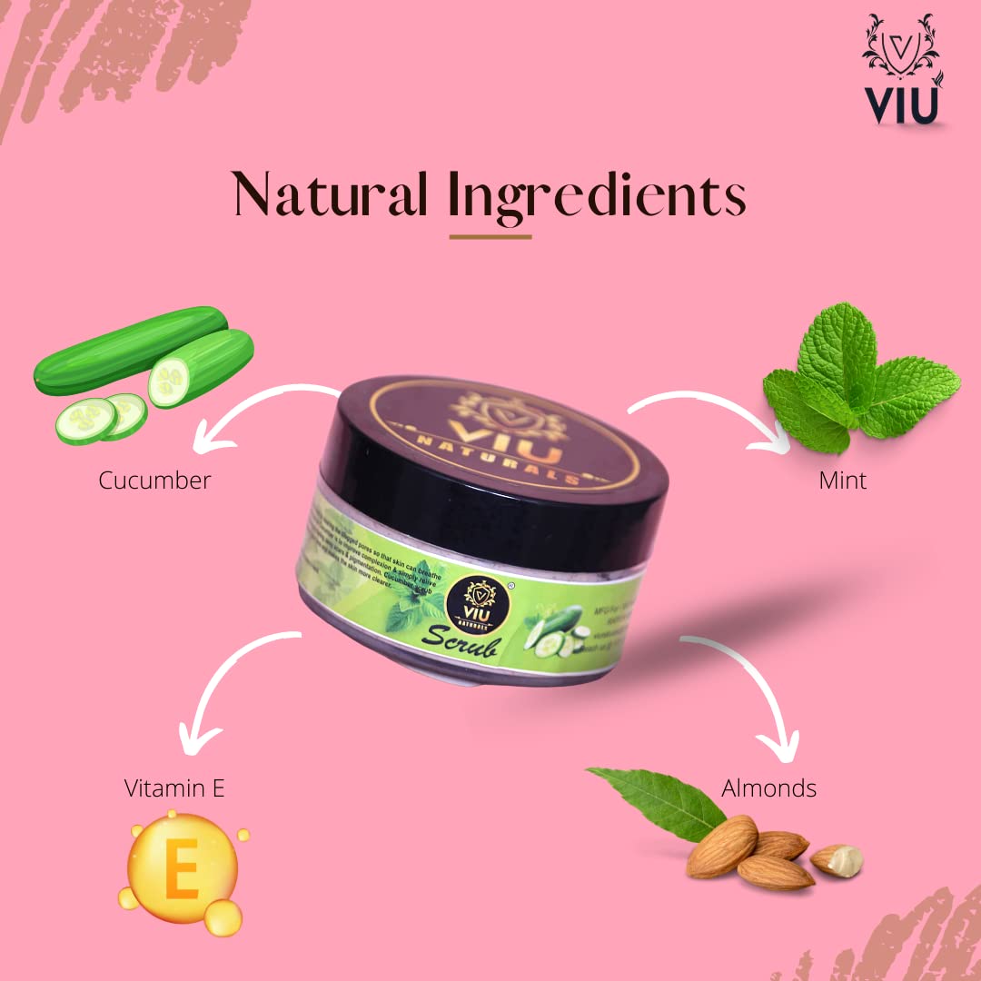 VIU NATURAL Cucumber & Mint Facial Scrub - 100g Natural Exfoliator for Glowing Skin | Gentle Face Cleanser for Dry & Sensitive Skin | Perfect for Morning Routine & Spa Day at Home