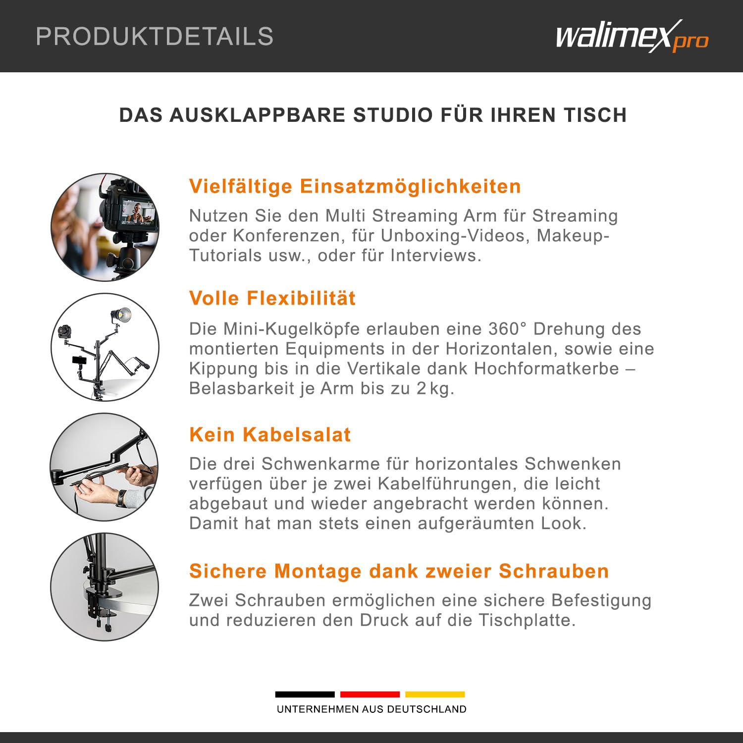 Walimex Pro Flexible Microphone Boom Arm & Table Tripod Stand - Heavy Duty 2kg Capacity with 360° Ball Head for Camera, LED Lights - Perfect for Streaming, Vlogging, Video Calls & Studio Setup - Fits Tables up to 65mm Thick