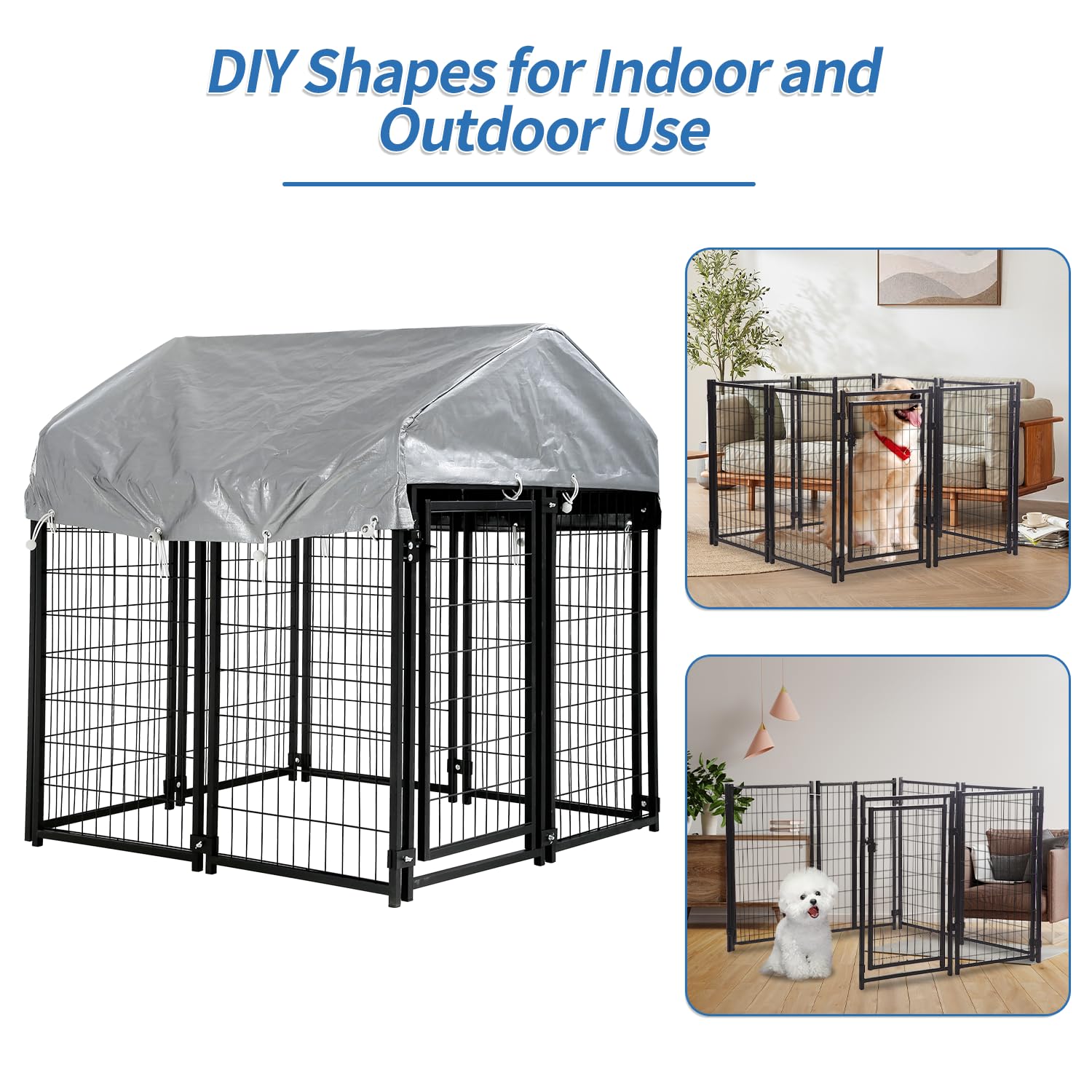 4x4x4.3FT Large Outdoor Dog Kennel with Roof - Heavy Duty Wire Dog Crate, Puppy Playpen & Weatherproof Fence with UV Protection Cover | Perfect for Backyard, Patio & Camping Use