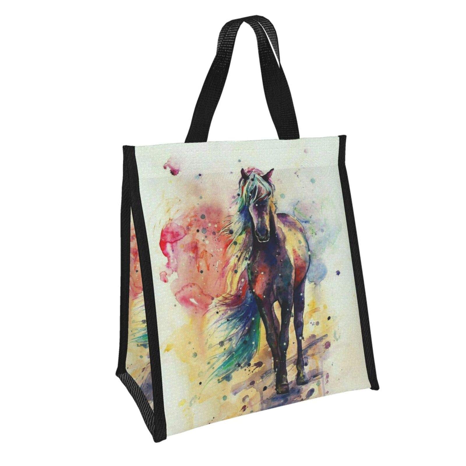 Insulated Waterproof Lunch Bag for Women - Thermal Tote Cooler with Soft Liner for Work, Picnic, Beach, Boating & Fishing | Horse Watercolor Design