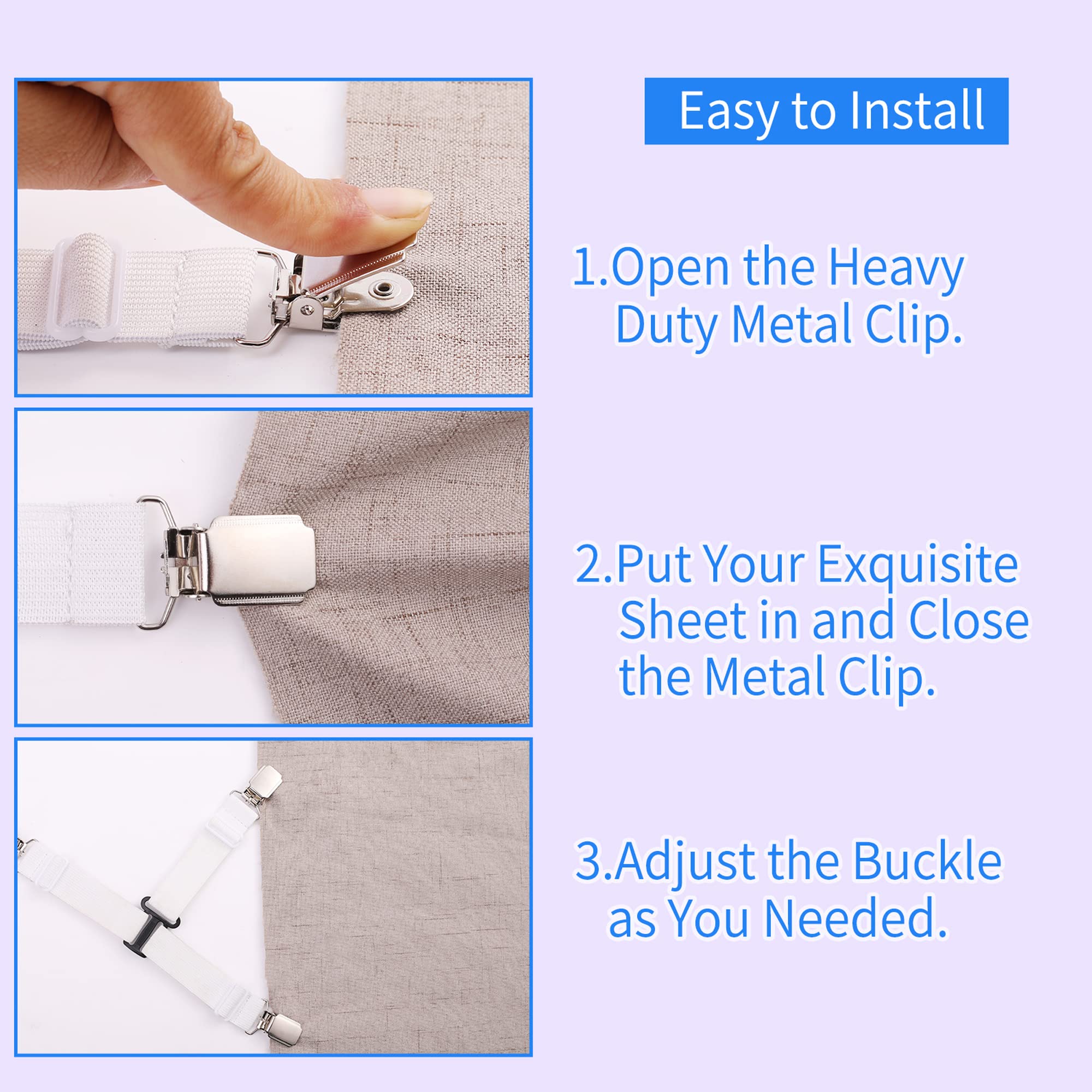 Queen & King Size Fitted Sheet Straps - 4PCS White Bed Sheet Holders for Corners | Secure Mattress Grippers & Suspenders | Perfect for Deep Pocket Sheets, Adjustable Beds & Guest Rooms