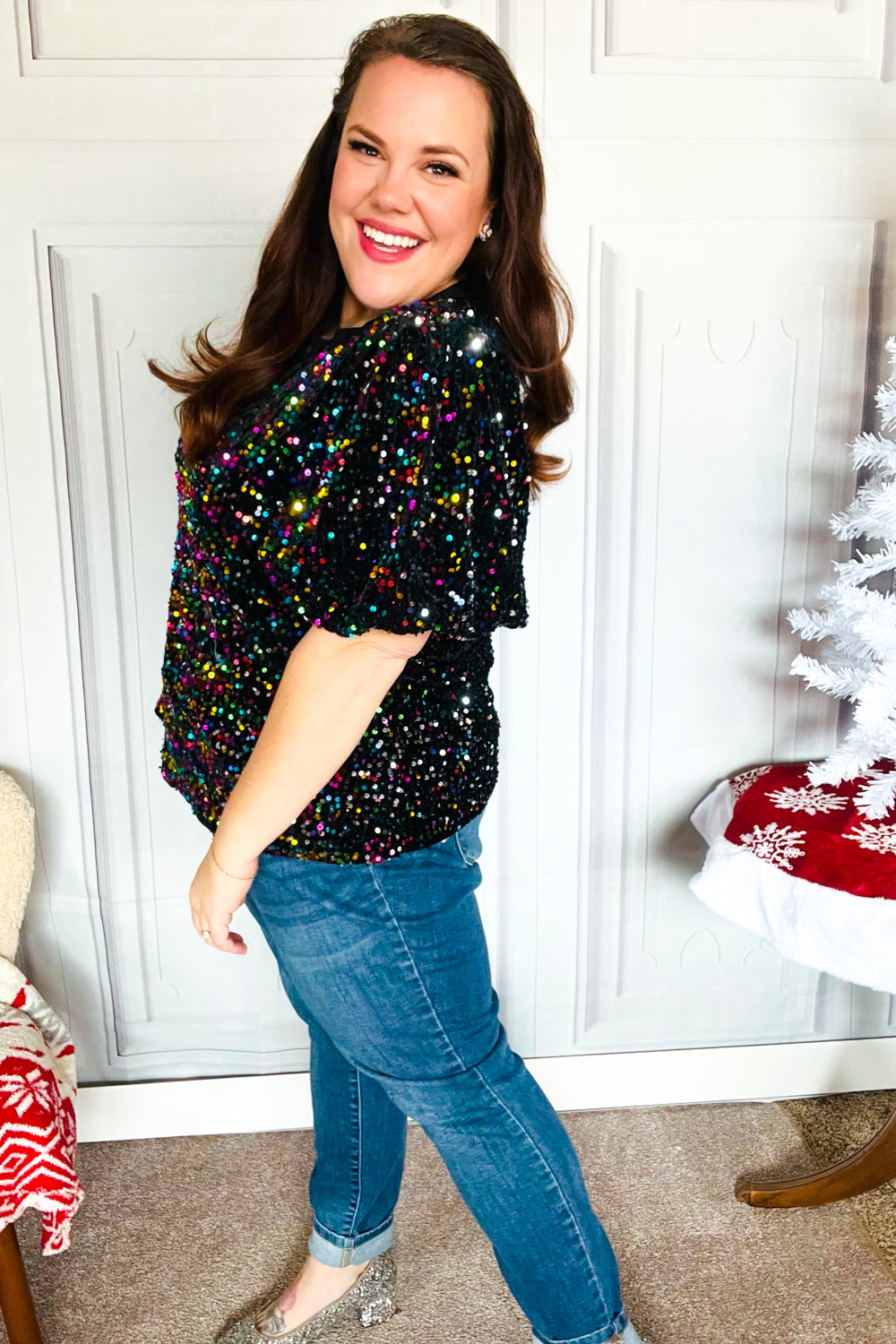 Black Velvet Multicolor Sequin Puff Sleeve Top for Women | Holiday Party & Christmas Outfit | Perfect for Festive Gatherings, NYE Celebrations & Special Occasions