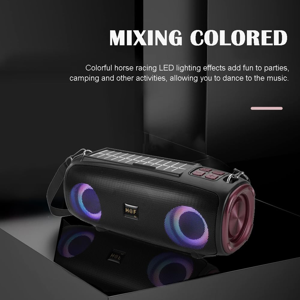 Solar Bluetooth Speaker with LED Marquee - Portable Wireless Outdoor Speaker with Solar Charging, FM Radio, Waterproof Design for Camping, Beach, Travel, Parties & Home Use (Black)
