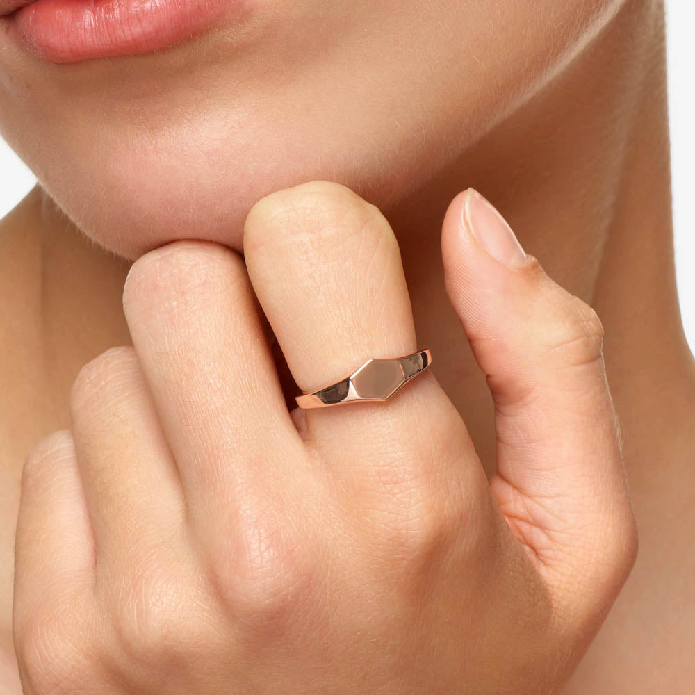 Personalized Engravable Hexagon Signet Pinky Ring in Rose Gold - Perfect for Gifts, Weddings & Special Occasions