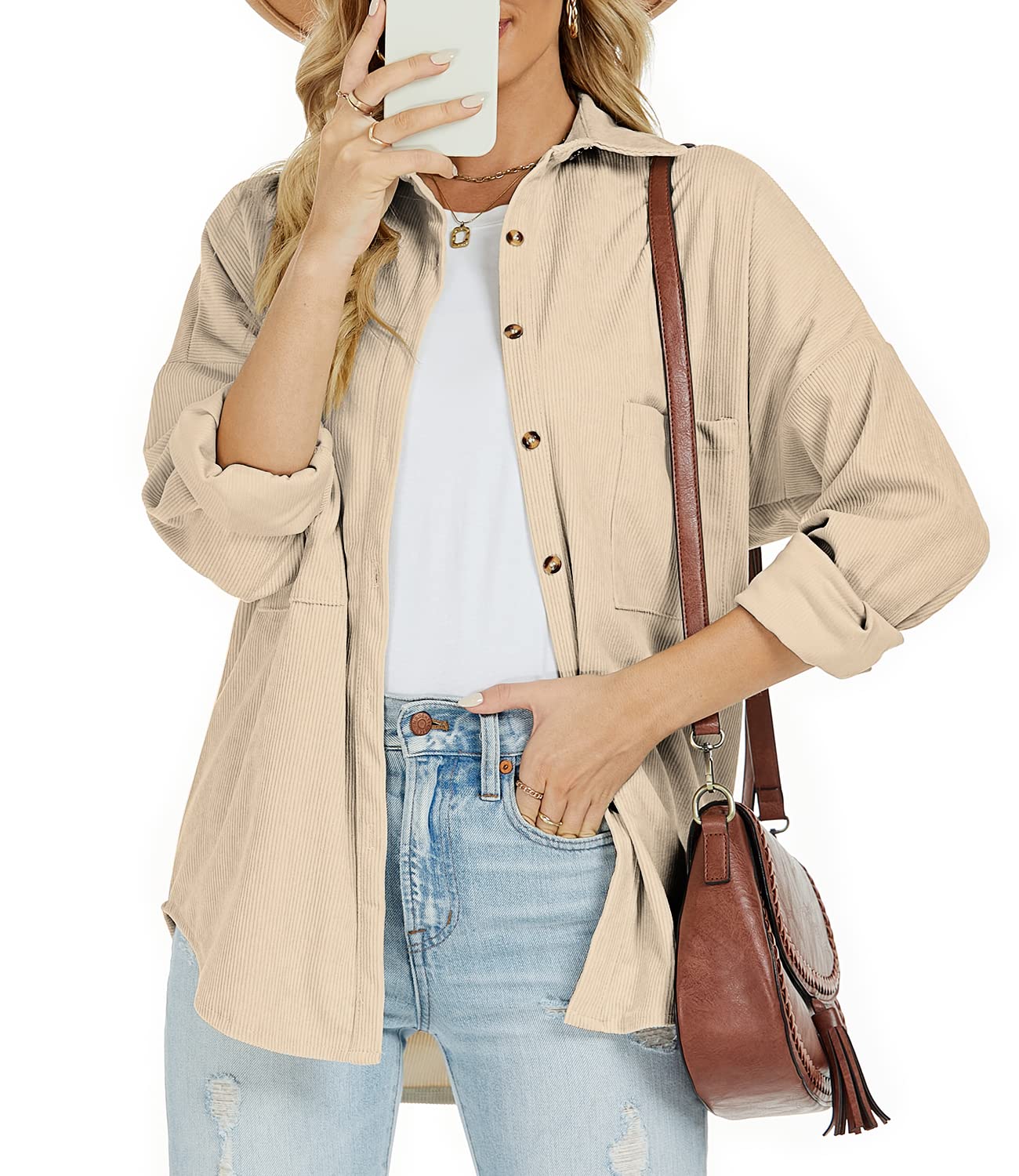 Women's Plus Size Corduroy Shacket - Casual Long Sleeve Button Down Jacket for Fall & Winter | Perfect for Office, Dating & Outdoor Activities