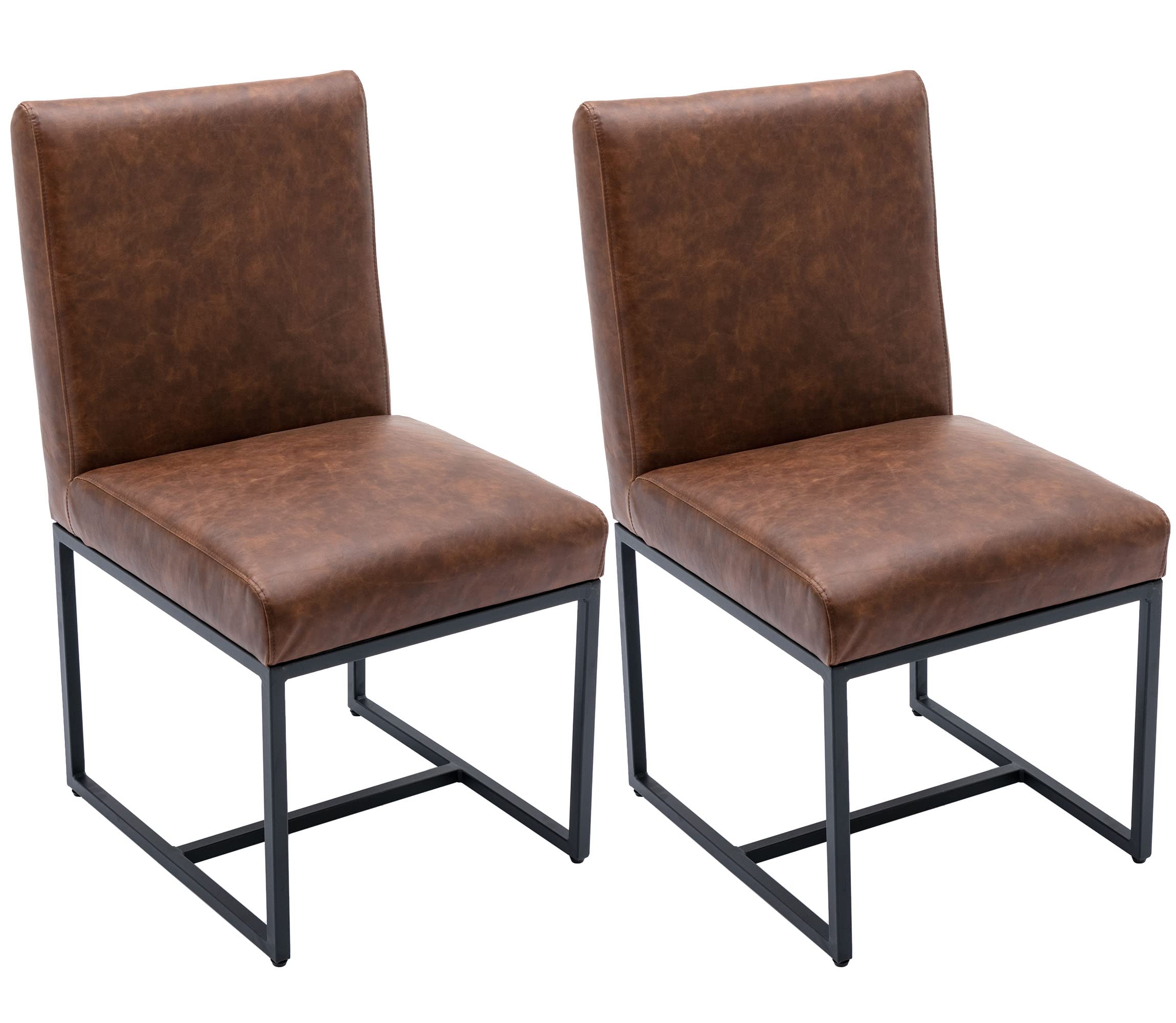 VESCASA Mid Century Modern Faux Leather Dining Chairs - Set of 2 Brown Upholstered Kitchen Chairs with Black Metal Frame & Adjustable Foot Pads | Perfect for Restaurant, Home Dining Room & Office Conference Table Setting