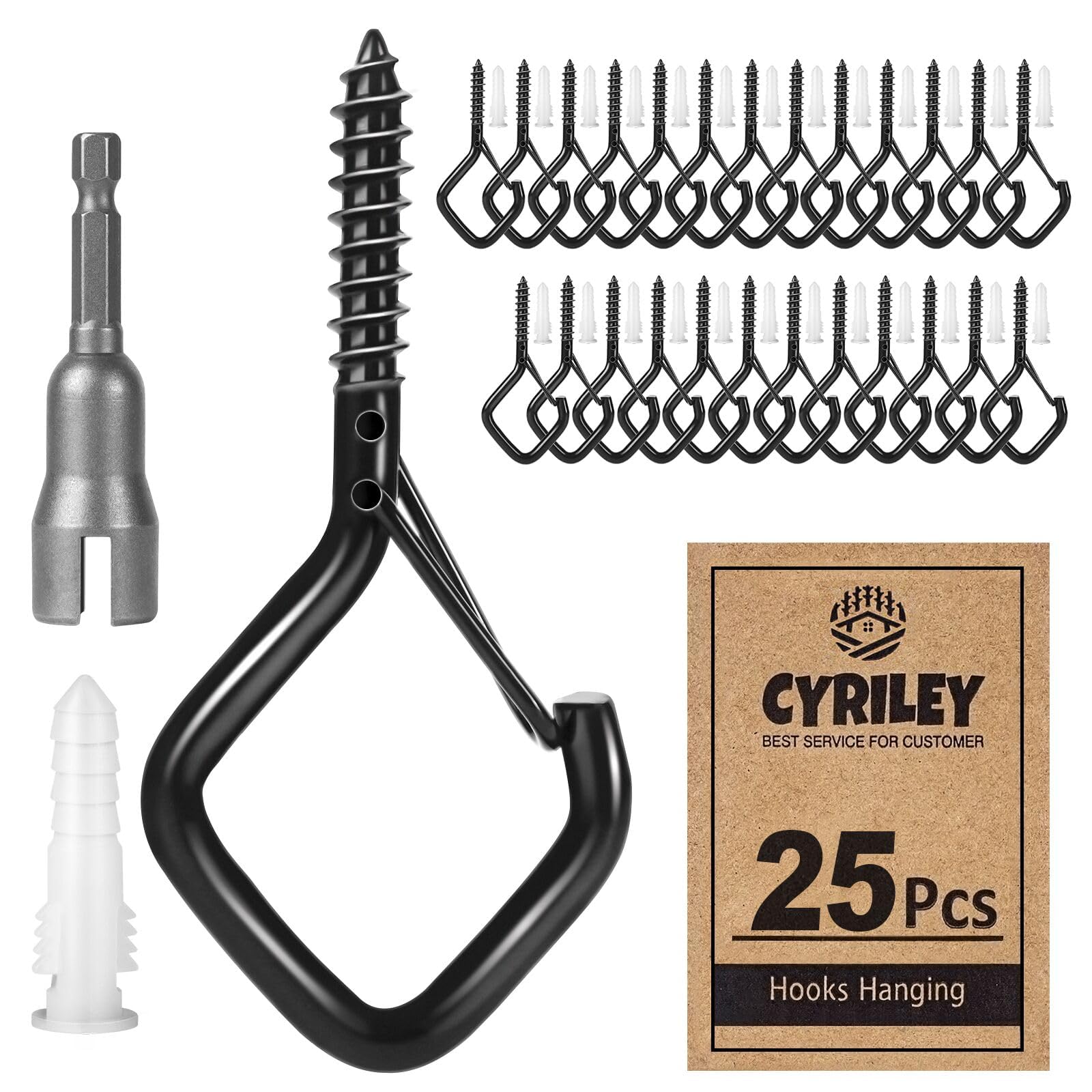 25pcs Black Screw Hooks for Hanging Outdoor String Lights - Heavy Duty Windproof Ceiling Hooks with Safety Buckle & Nut Driver (2.2 Inches) - Perfect for Plants, Christmas Lights, Patio Lights & Home Decor