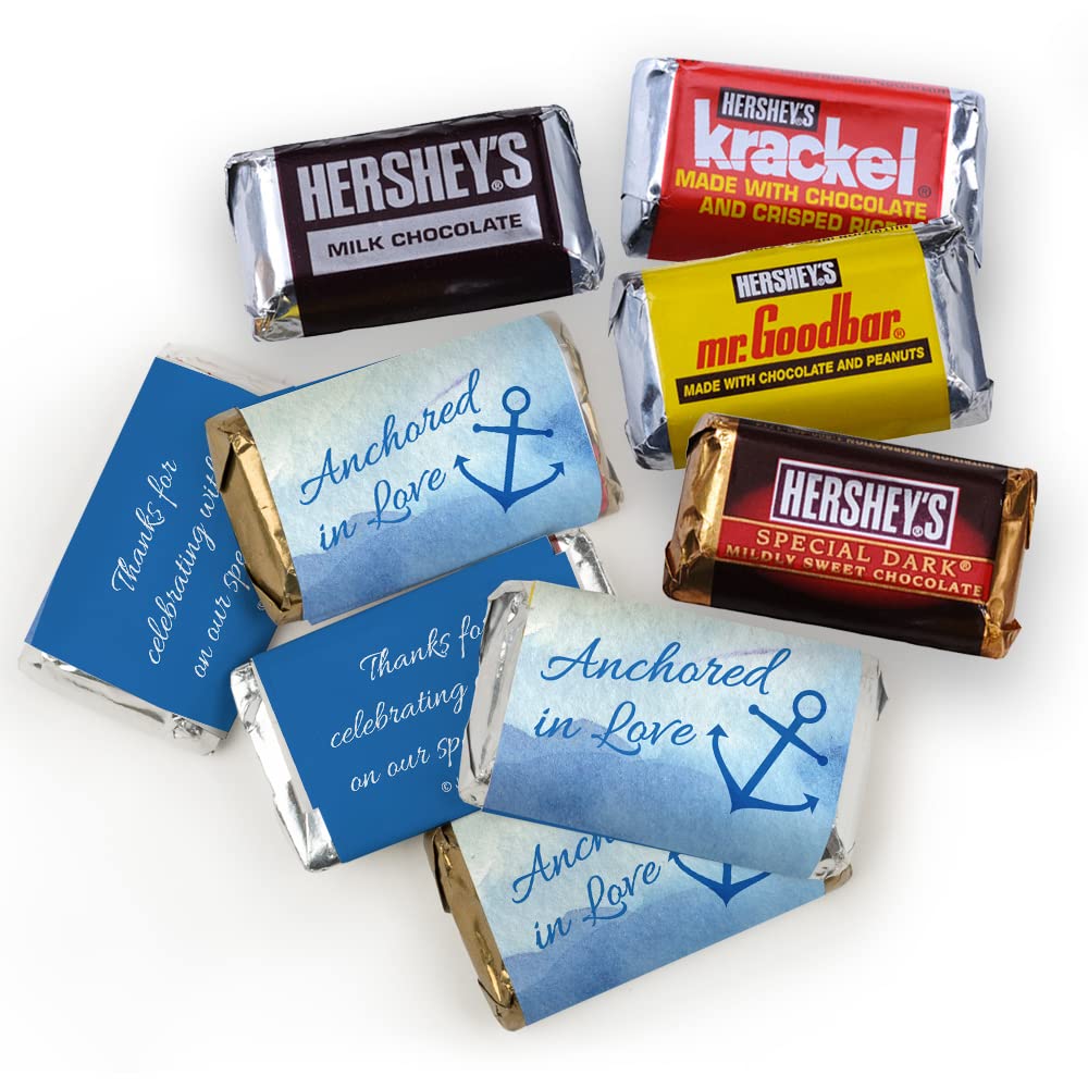 200pcs Personalized Wedding Candy Kit - Custom Wrapped Miniatures, Kisses & Peanut Butter Cups - Nautical Blue Party Favors for Guests - Perfect for Wedding Receptions, Bridal Showers & Candy Buffets