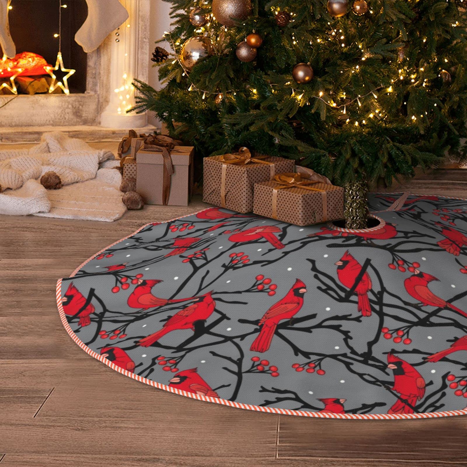 30 Inch Christmas Tree Skirt with Red Cardinals & Berries - Rustic Farmhouse Winter Scene Holiday Decor for Indoor/Outdoor Xmas Party Decoration