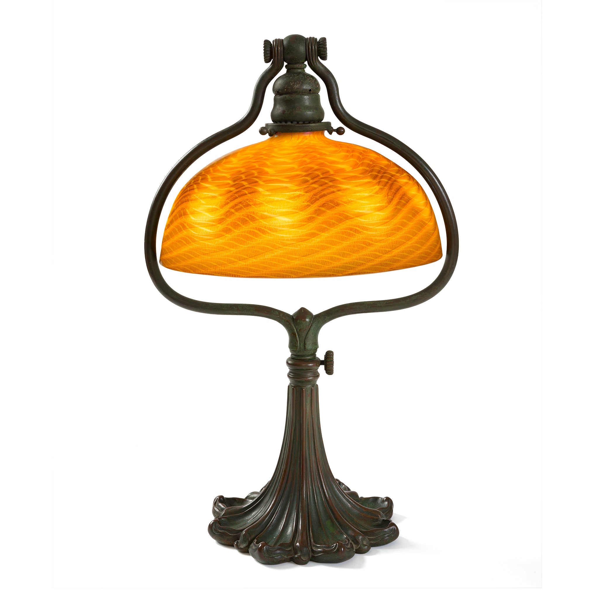 Tiffany Studios New York Damascene Harp Desk Lamp - Vintage Bronze Table Lamp for Home Office, Study & Bedroom Decor - Elegant Antique Style Lighting