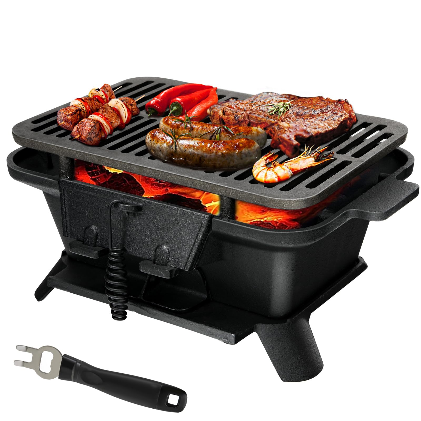 Giantex Portable Charcoal Hibachi Grill - Double-Sided Cast Iron BBQ Grill with Adjustable Air Vent, Fire Gate & Grate Lifter - Perfect for Outdoor Cooking, Camping, Picnics & Backyard Barbecues