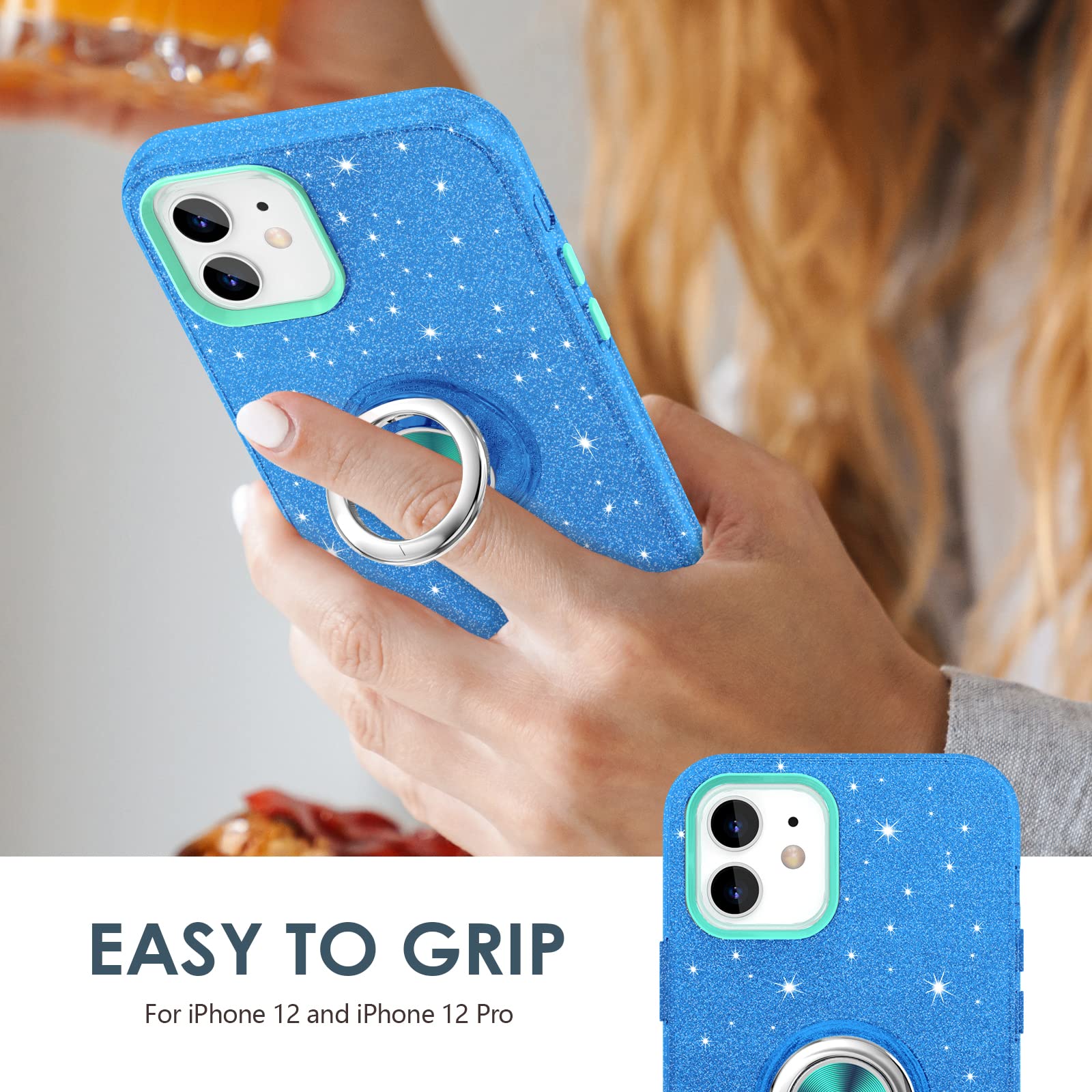 Hython iPhone 12/12 Pro Case with Magnetic Ring Stand - Sparkly Blue Protective Cover for Work & Travel