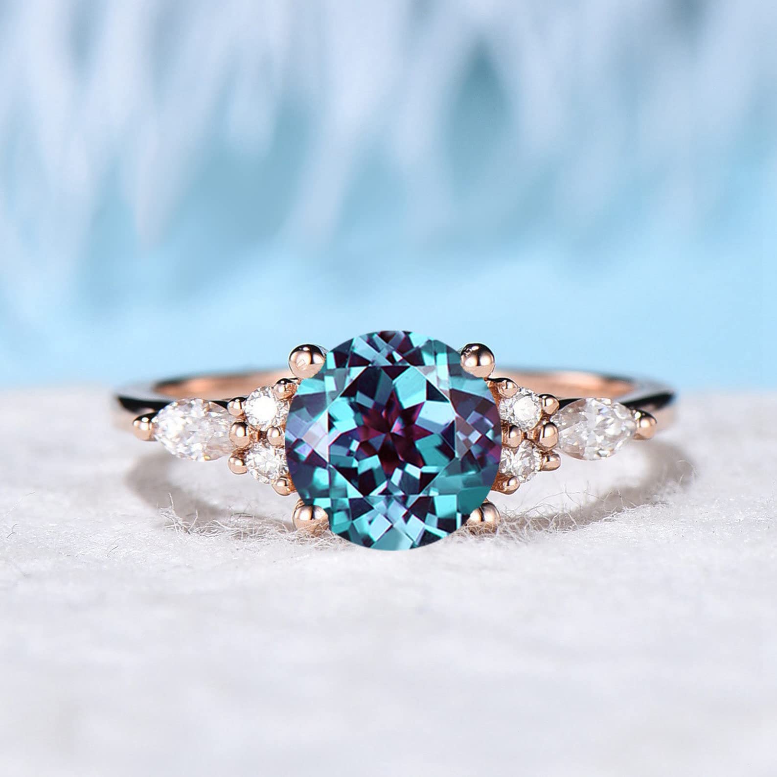 7mm Round Cut Color-Change Alexandrite Engagement Ring - Sterling Silver/10K/14K/18K Solid Rose Gold | June Birthstone Wedding Ring, Healing Gemstone Jewelry for Women | Perfect for Proposals, Anniversaries & Birthday Gifts | Includes Gift Box