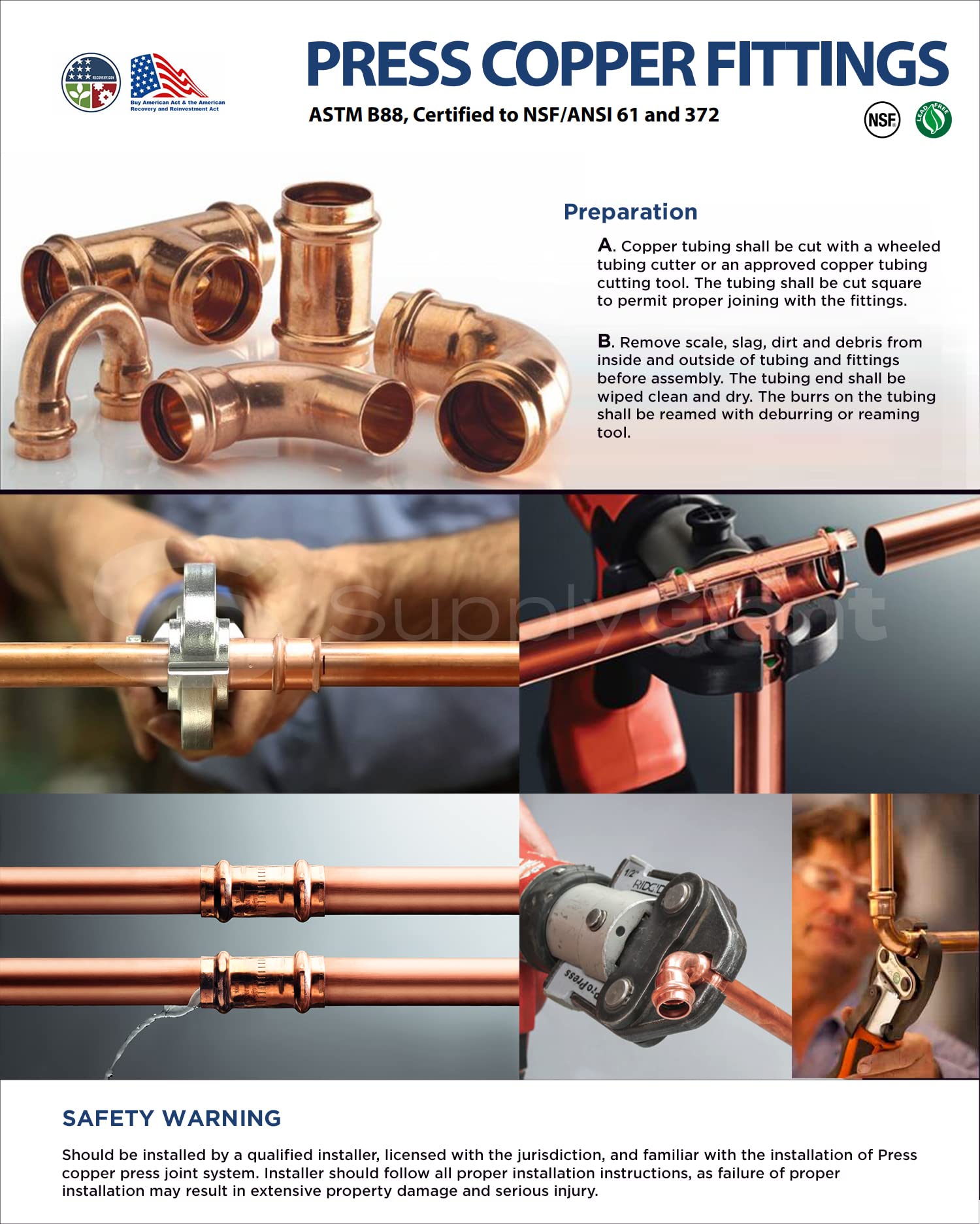 GQSD4232 Copper Fitting Reducer 2 Inch FTG x 1 Inch Press - Small Size for Plumbing & HVAC Systems - Perfect for Water Supply Lines, Pipe Connections & Repair Projects