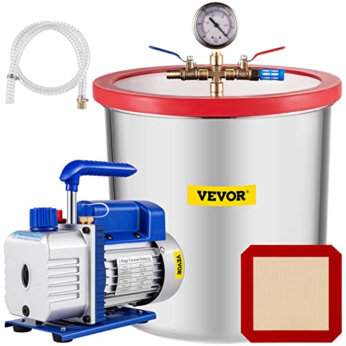 VEVOR 7 CFM 1/2HP Dual Stage Vacuum Pump with 5 Gallon Chamber & Manifold Gauge Set - AC Refrigeration HVAC System Evacuation, Auto Repair, and Scientific Lab Use