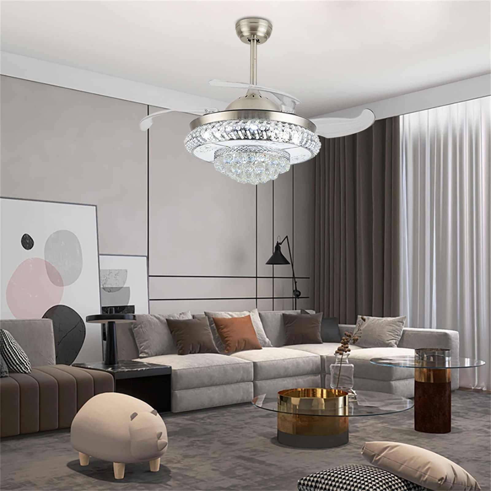 Modern Crystal LED Ceiling Fan with Light - 42 Inch Silver Fandelier with Retractable Blades, Remote Control, 3 Speed Settings & 3 Color Temperatures for Living Room, Bedroom, Dining Room & Kitchen | Energy Efficient Cooling & Stylish Lighting Solution