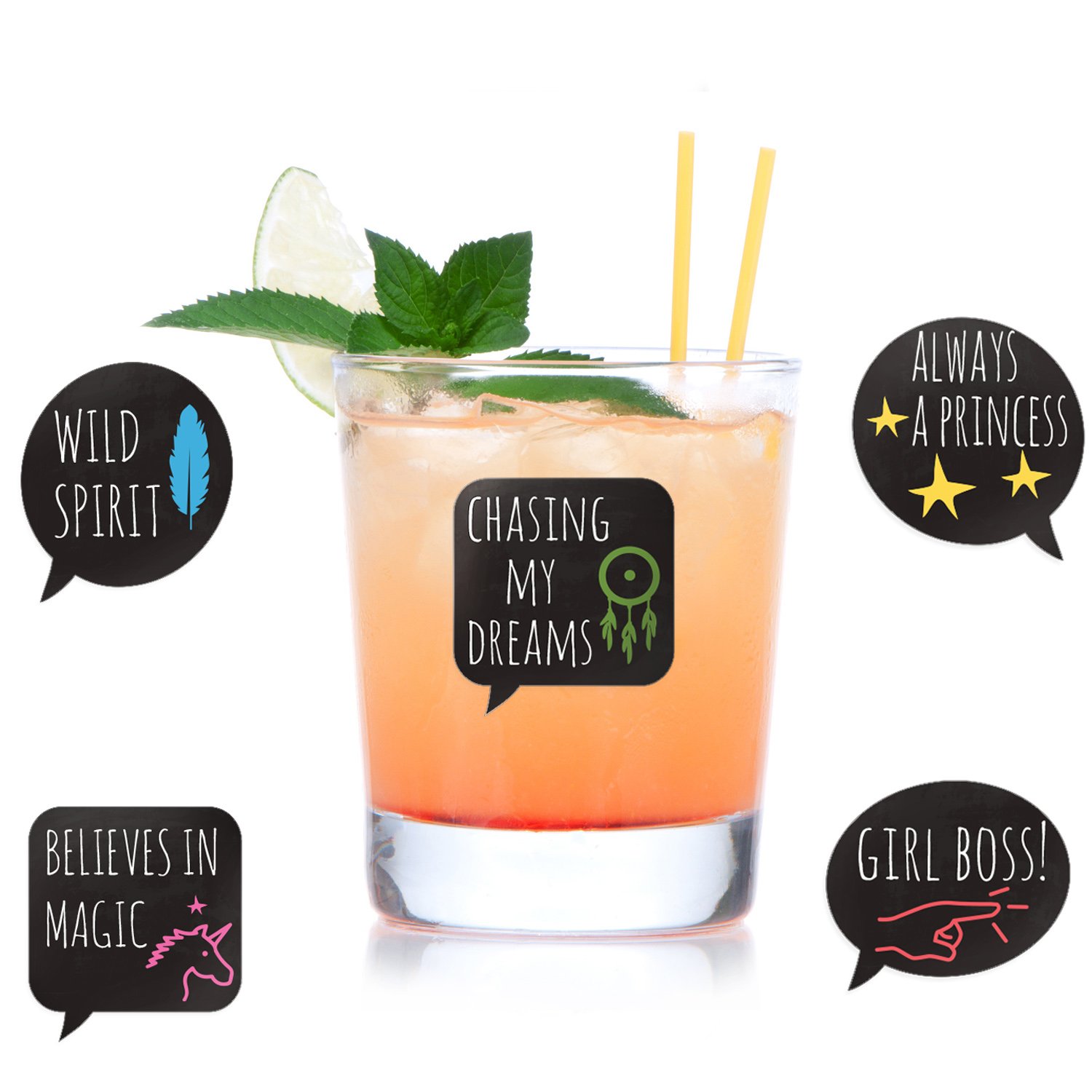 Funny Glass Drink Markers - 18 Reusable Static Cling Stickers for Wine Glasses - Perfect for Wine Tasting Parties, Wedding Favors & Gifts - Great for Home Entertaining & Office Events