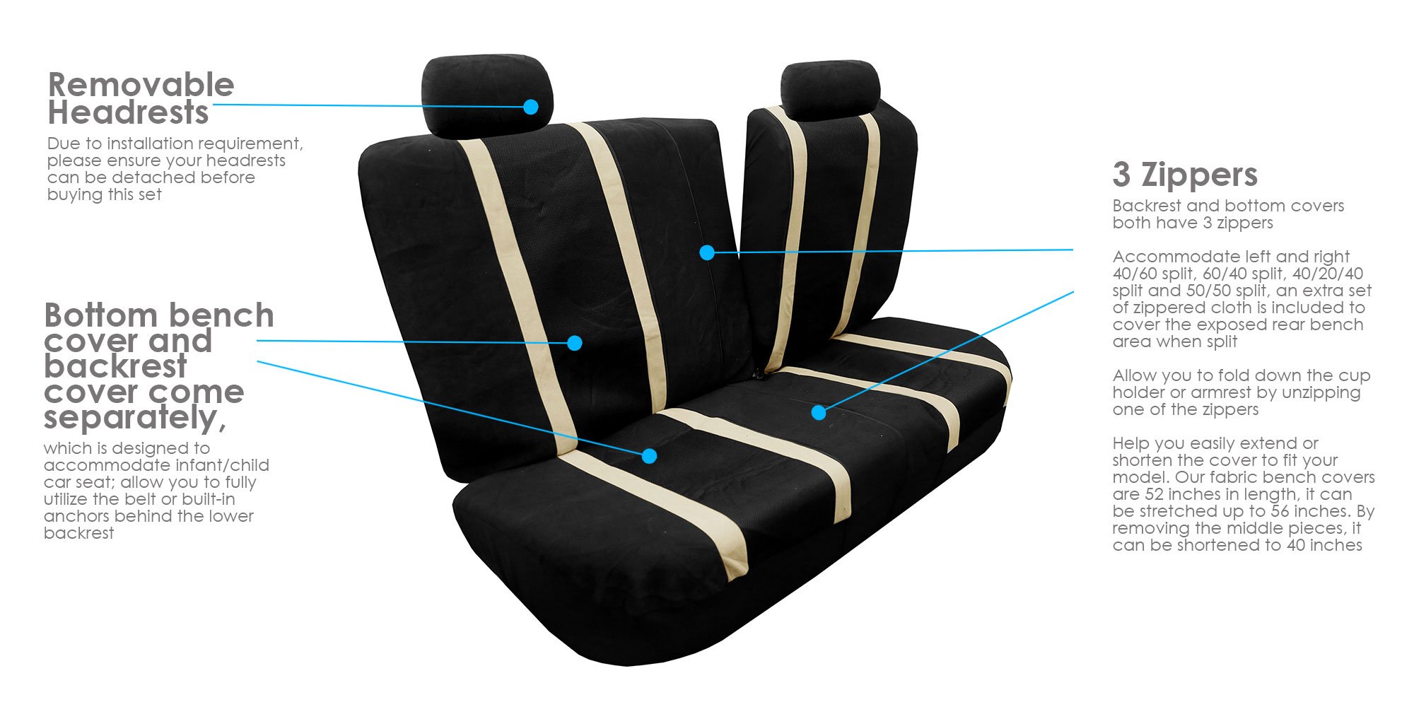 FH Group Universal Fit Beige Sports Full Set Car Seat Covers - Compatible with Airbag & Split Rear Seats | Interior Accessories for Cars, Trucks & SUVs | Perfect for Daily Commute, Road Trips & Vehicle Protection