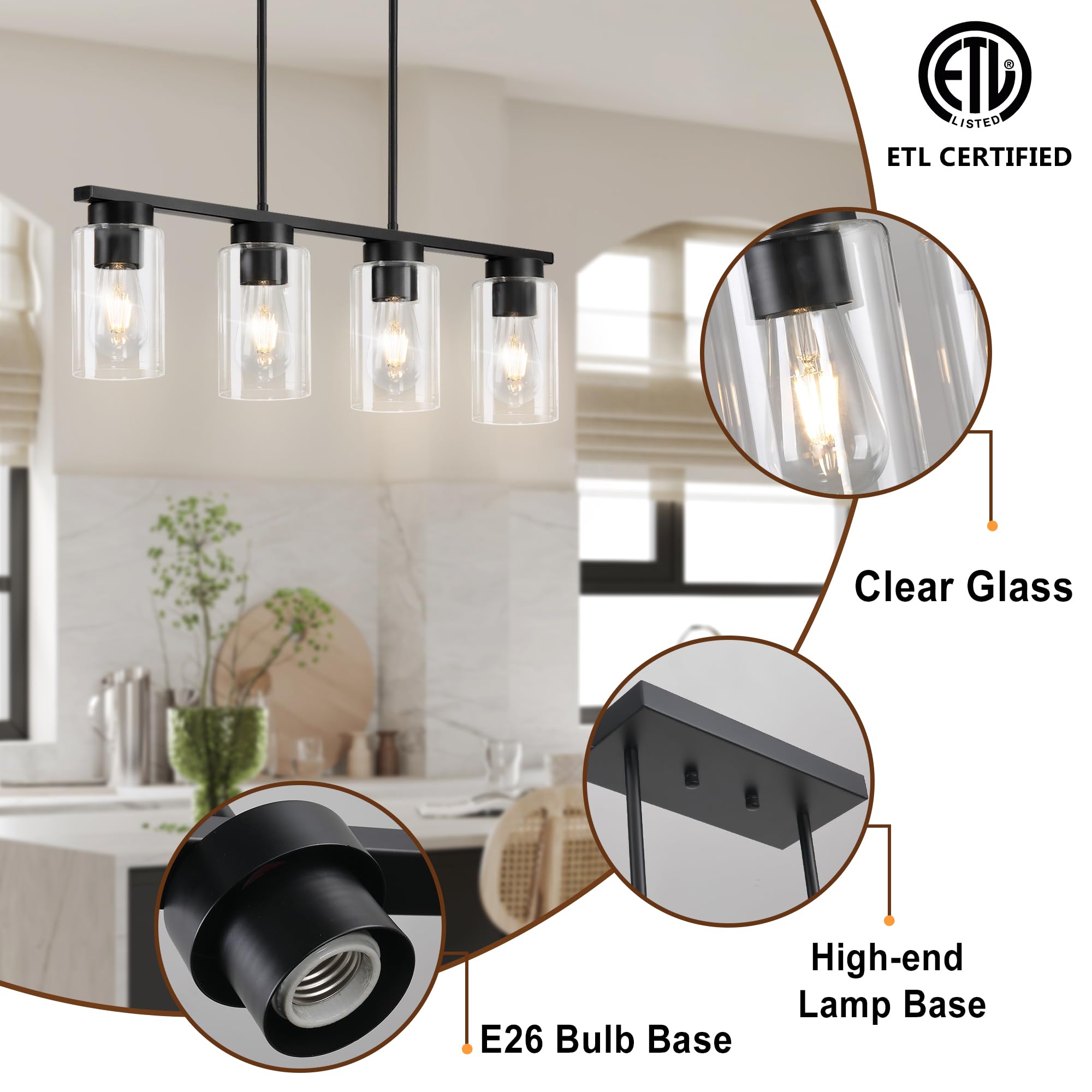 Modern Black 4-Light Farmhouse Pendant Chandelier - 27