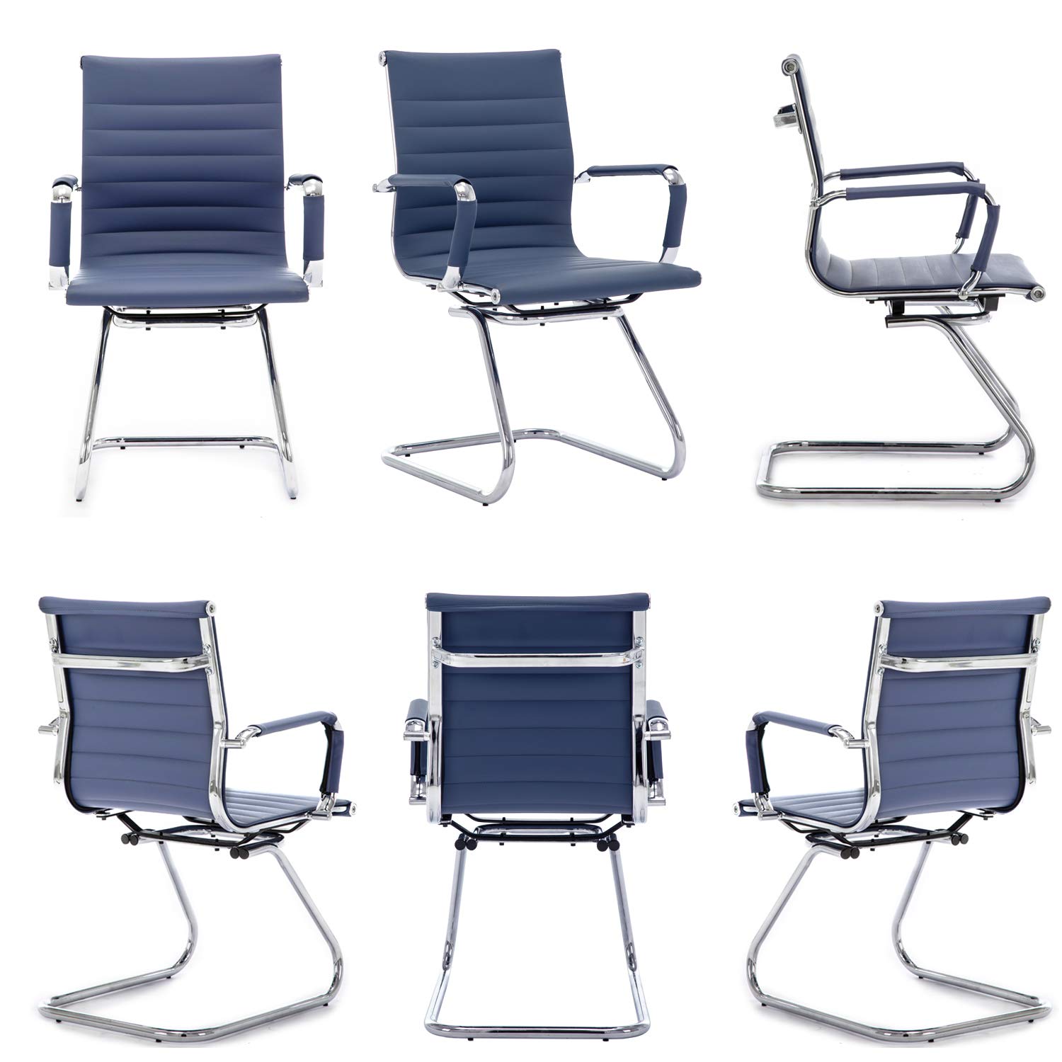 Wahson Office Guest and Reception Chairs - 2 Pack Leather Mid Back Sled Base Chairs Without Wheels for Meeting Room, Lobby, Restroom - Navy Blue | Perfect for Business Offices, Waiting Areas, and Conference Rooms