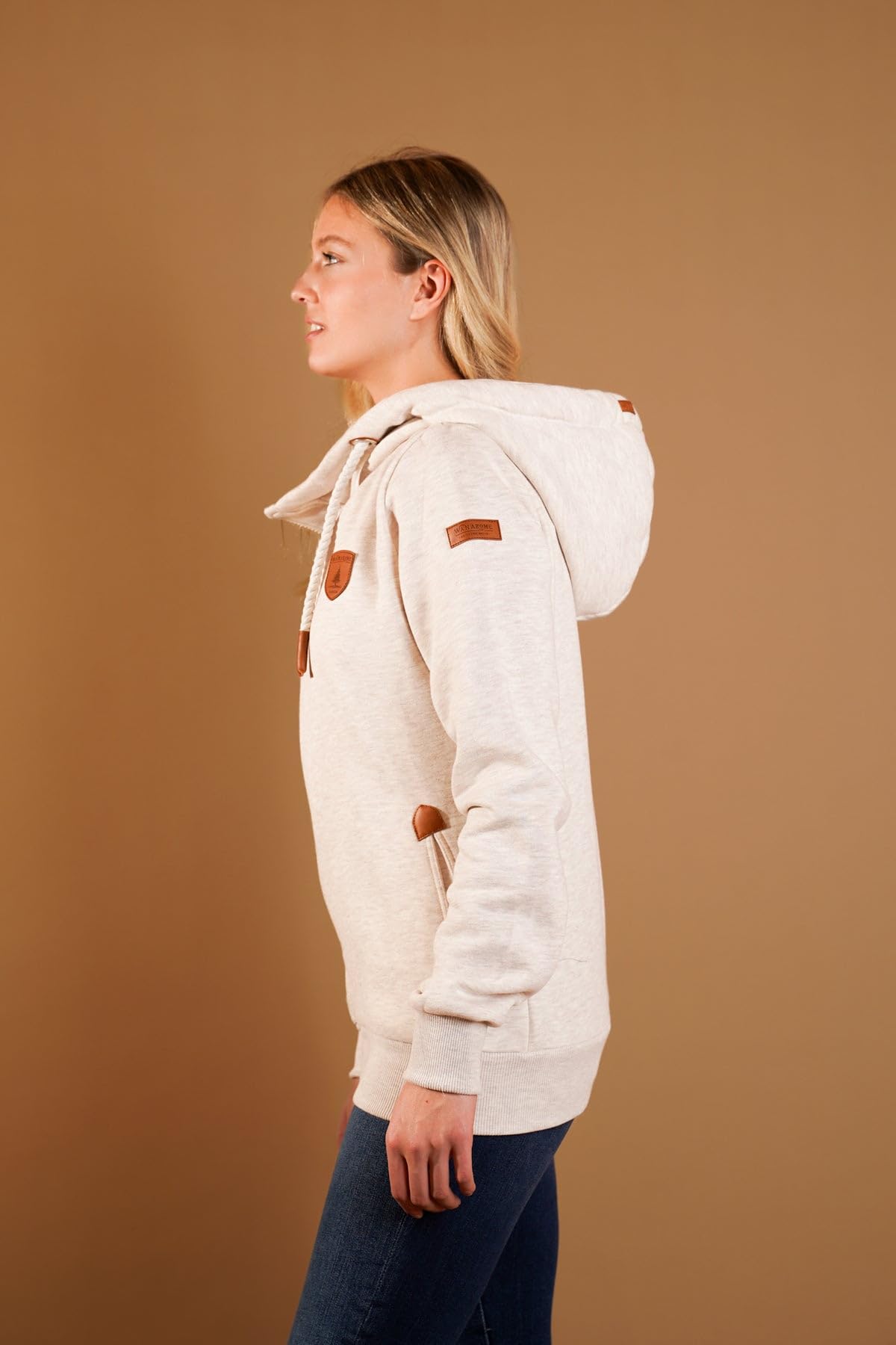 Wanakome Women's Athena Heather Oatmeal Hoodie - Side Zip Terry Sweatshirt | Cozy Pullover for Casual Wear, Lounge & Outdoor Activities