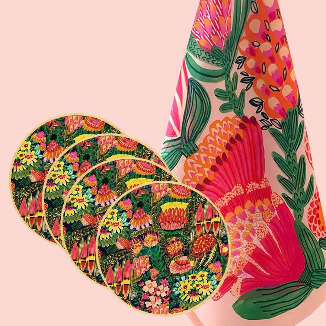 Grevillea Garden Tea Towel & Australian Wooden Coaster Gift Set - Premium Kitchen & Dining Accessories for Home Decor, Housewarming Gifts & Australian Souvenirs