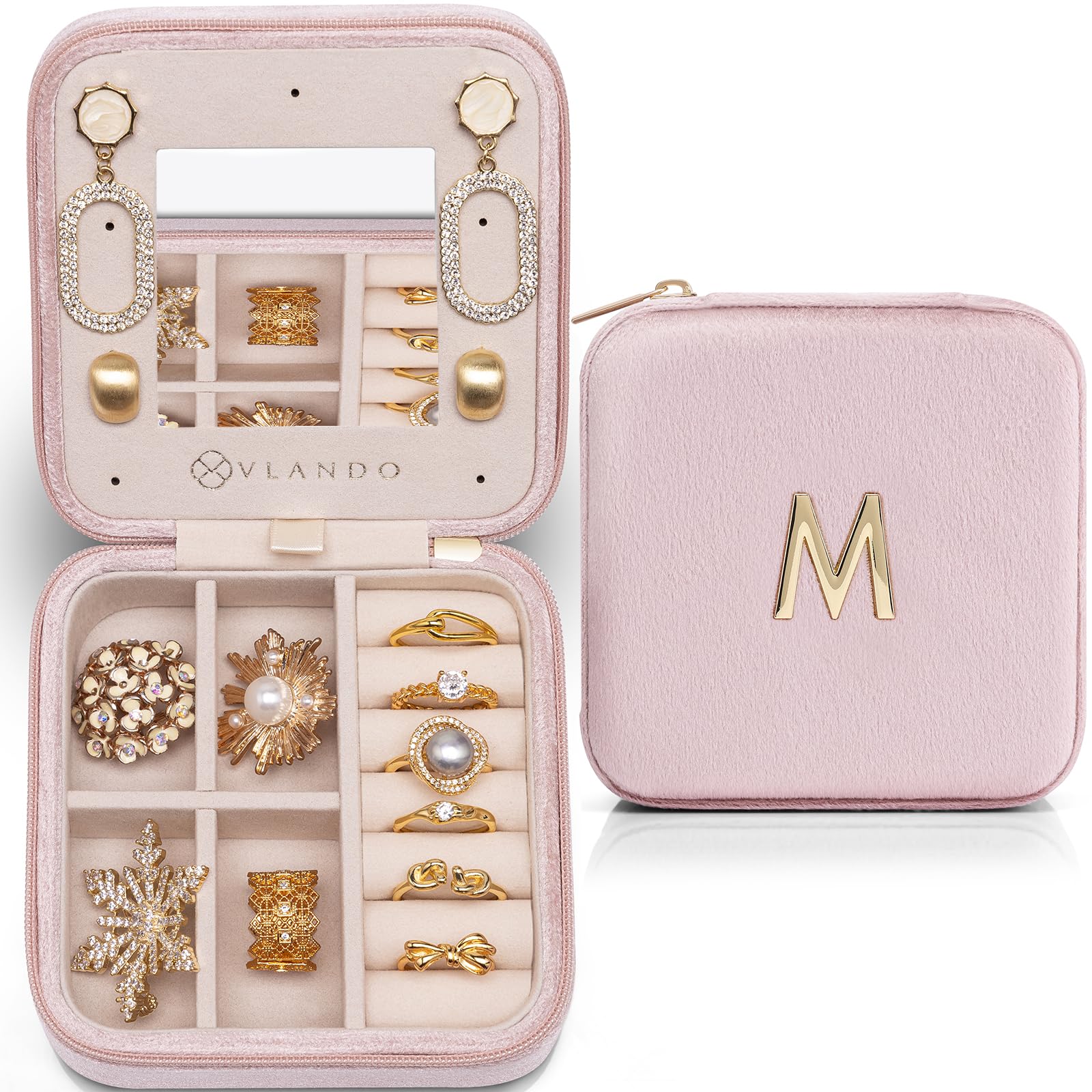 Vlando Personalized Initial Jewelry Travel Case - Small Pink Jewelry Box for Women, Girls, Mom & Grandma | Perfect Mother's Day Gift, Birthday Present | Compact Jewelry Organizer for Travel, Vacation & Daily Use