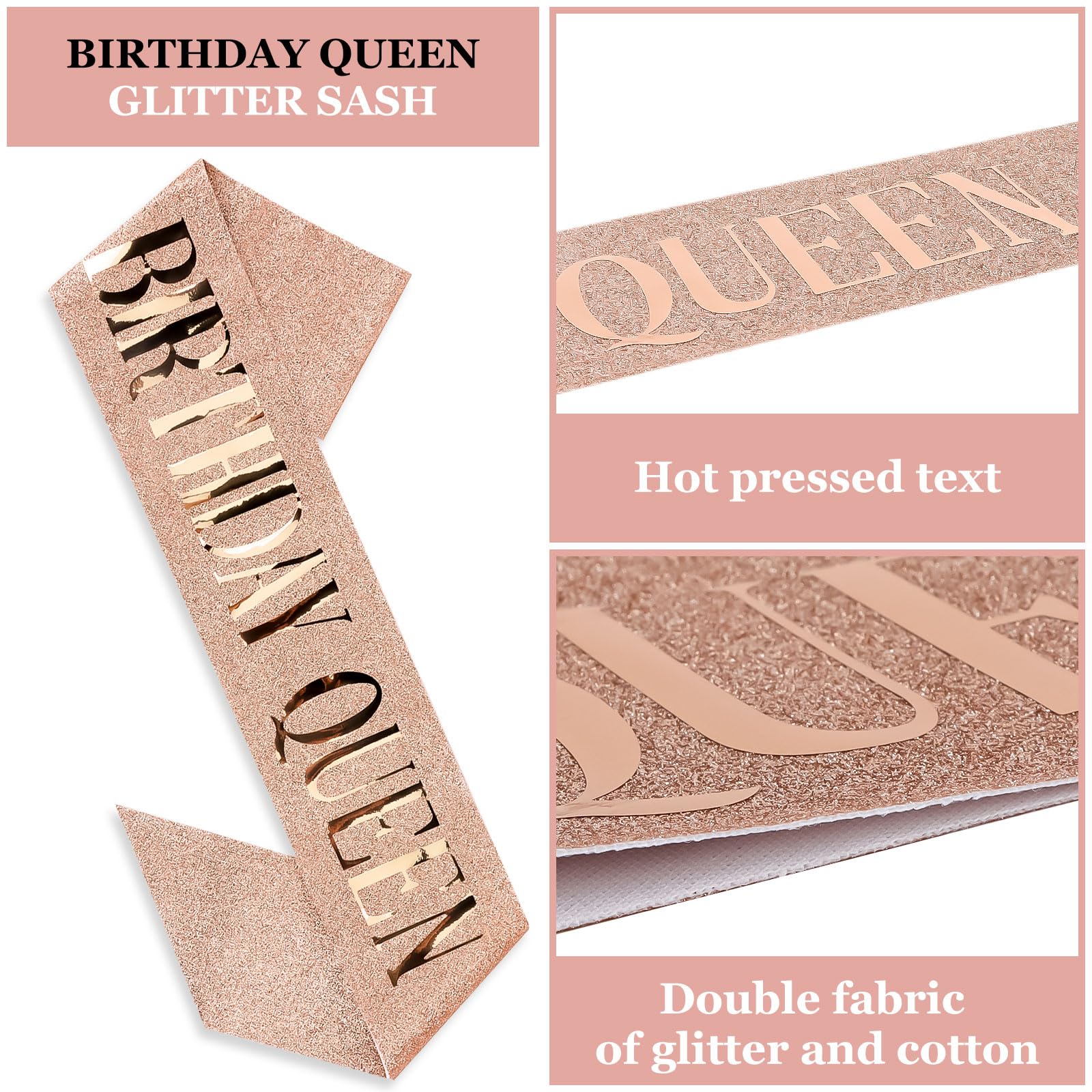 Semato Rose Gold Glitter Birthday Crown & Queen Sash Set for Women & Girls - Princess Tiara Party Decorations, Birthday Favors & Celebration Accessories (Perfect for Birthday Parties, Bachelorette Events & Girls' Night Out)