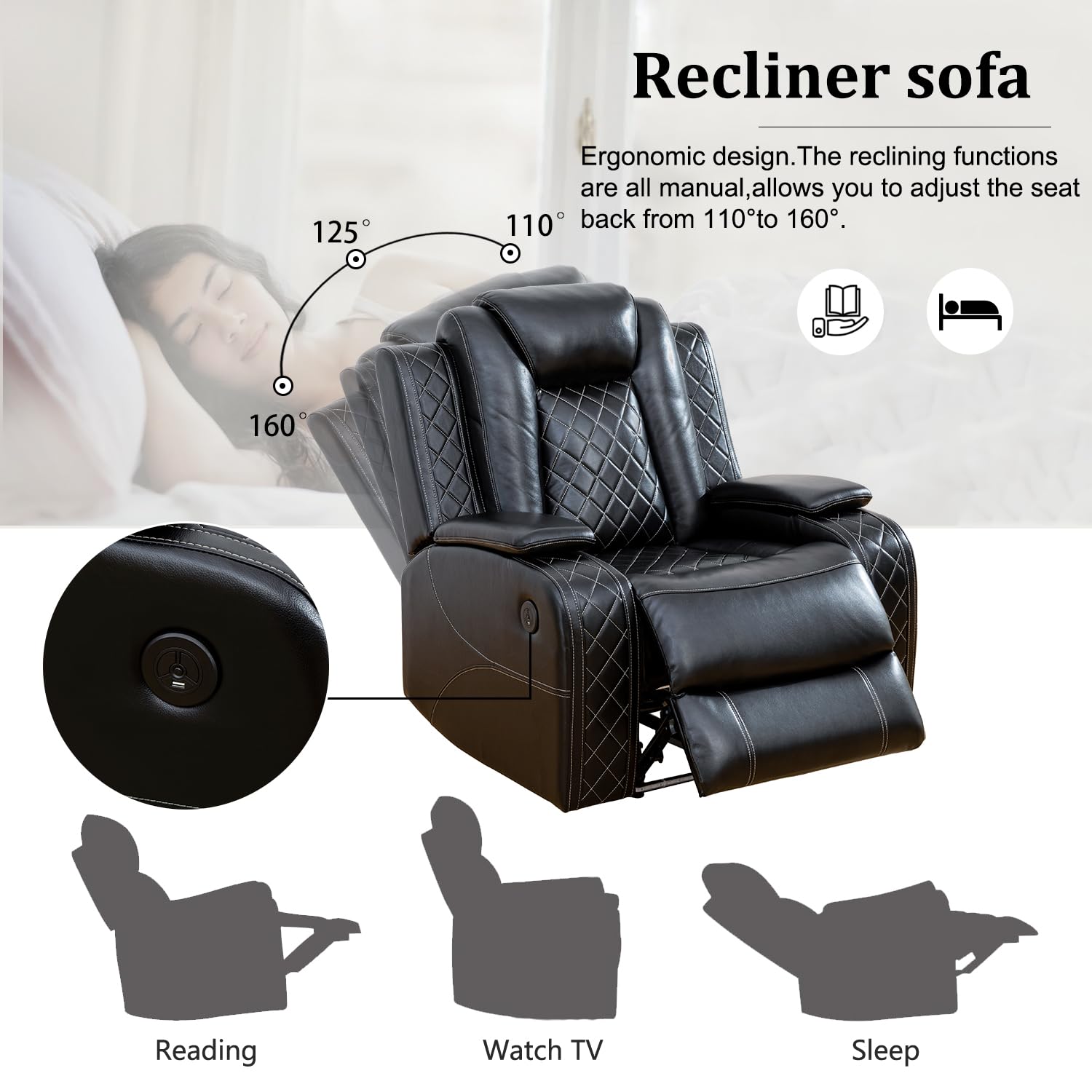 Premium Power Reclining Leather Sofa Set with LED Lights, USB Ports & Cup Holders - 3-Piece Living Room Furniture Set in Black - Perfect for Home Theater, Gaming & Family Relaxation