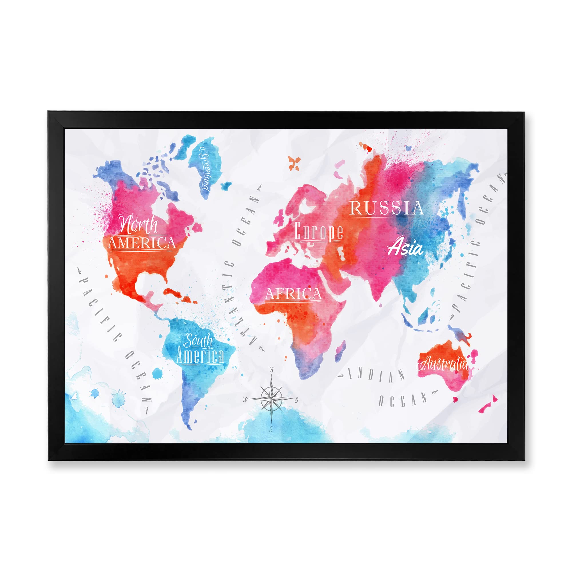 DesignQ Pink and Blue Modern World Map Framed Wall Art - Perfect for Living Room, Bedroom & Office Decor