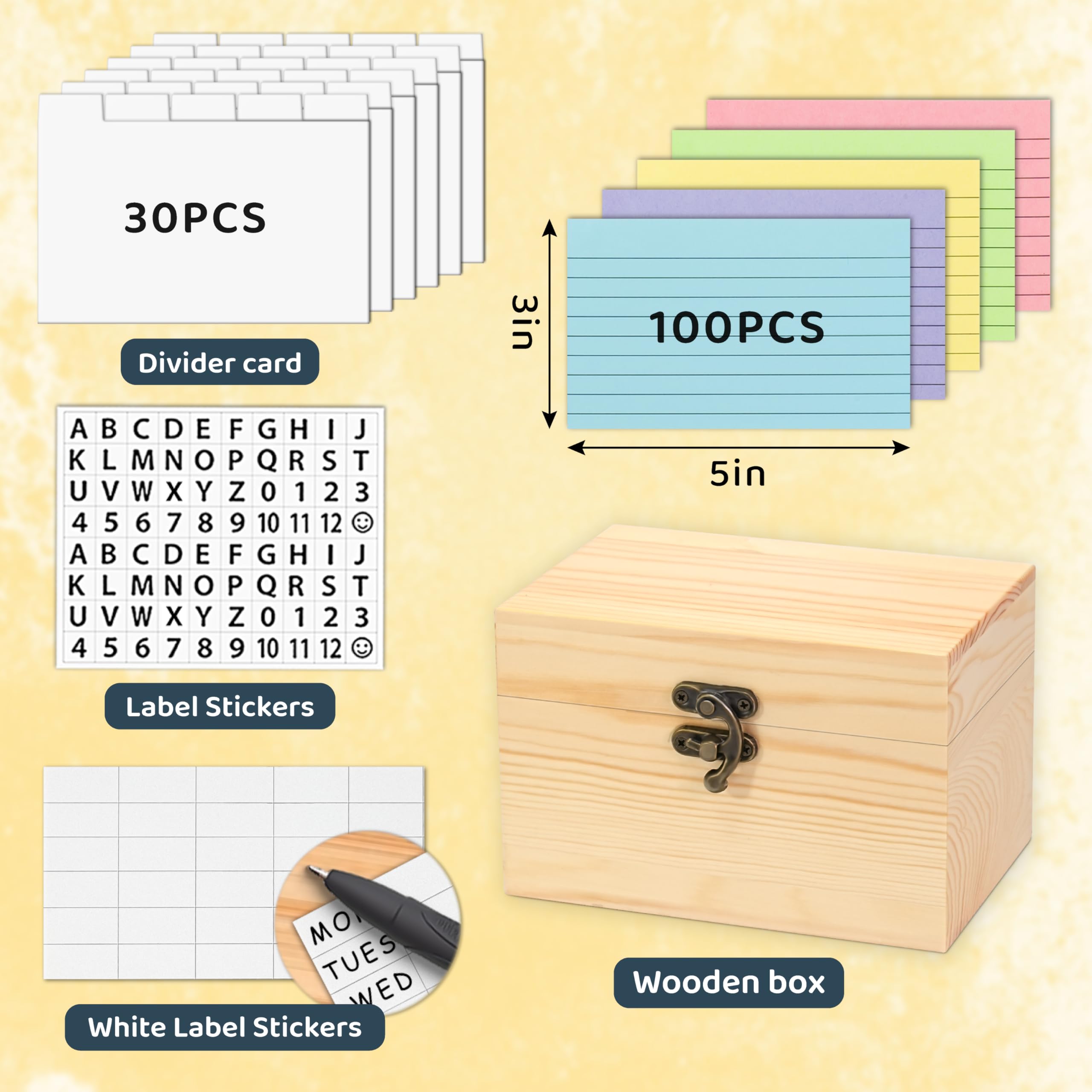Premium 3x5 Index Card Holder - 100 Pcs Heavy Duty Wooden Organizer Box with 30 Dividers, Blank & Letter Stickers - Perfect for Business Cards, Recipes, Flash Cards & Office Organization
