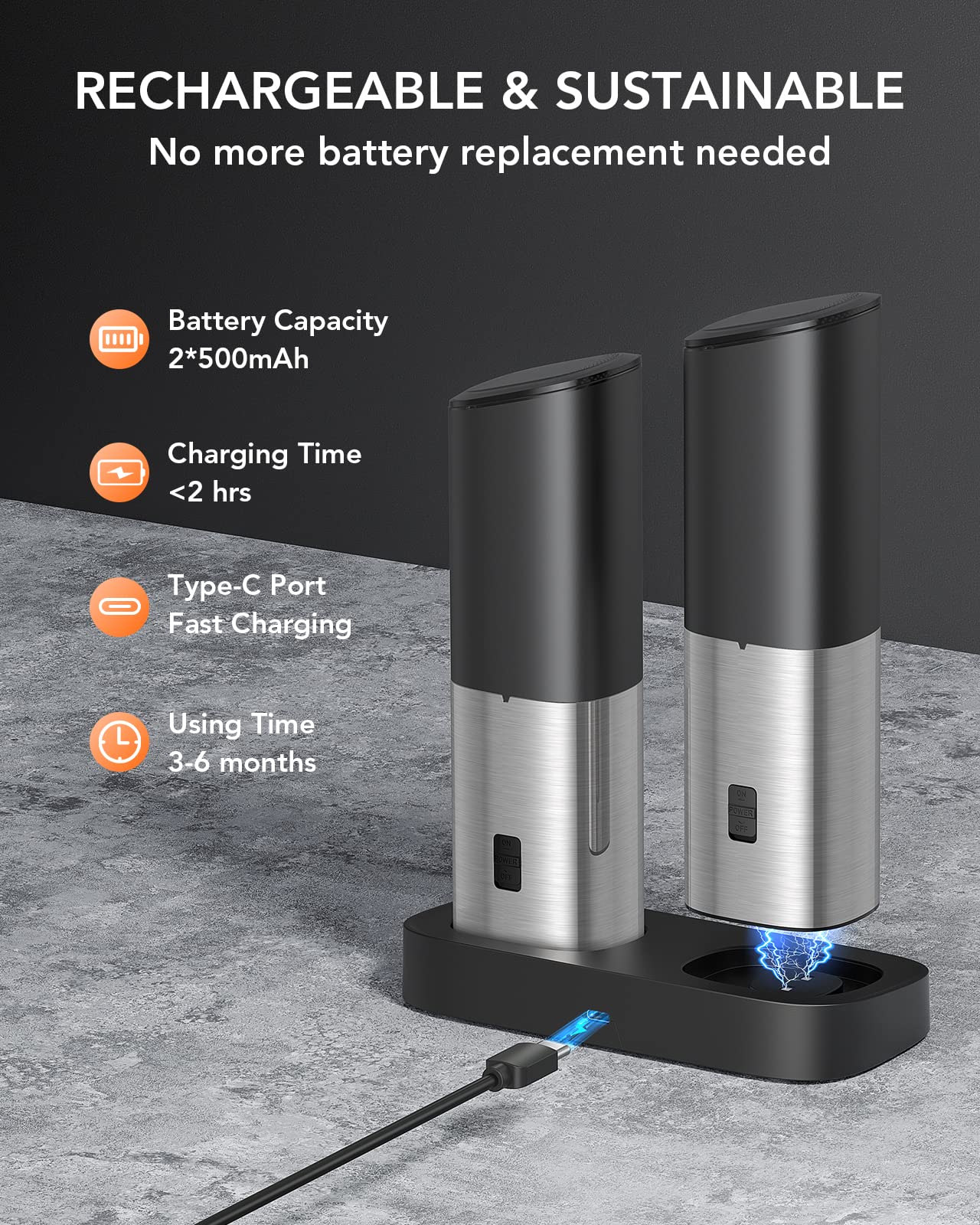 FORLIM Gravity Electric Salt and Pepper Grinder Set - USB Rechargeable, Adjustable Coarseness, Large Capacity, One-Hand Operation with LED Light (Stainless Steel Grey) - Perfect for Kitchen, Dining Table, Camping & Travel