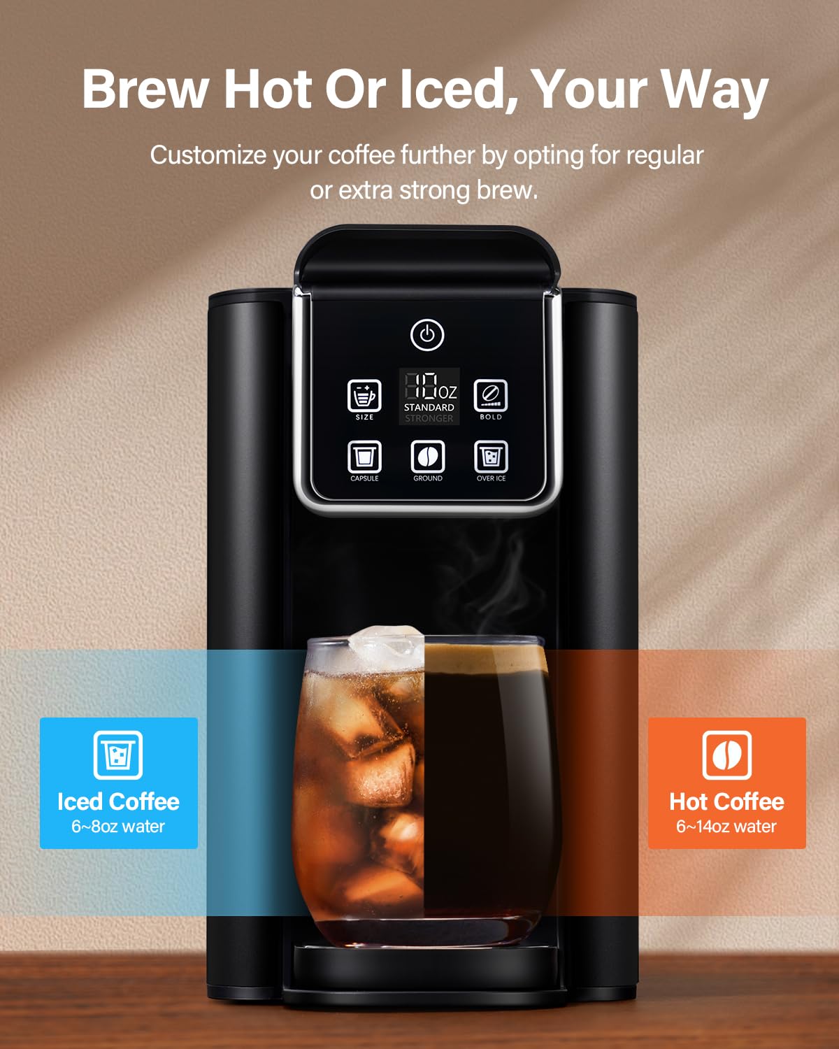 SHARDOR Single Serve Coffee Maker for K-Cup Pods & Ground Coffee - Hot & Iced Coffee Machine with 6-14 oz Brew Sizes, 50 oz Removable Water Tank & Bold Brew Setting - Stainless Steel Black - Perfect for Home, Office or Dorm Room Coffee Brewing