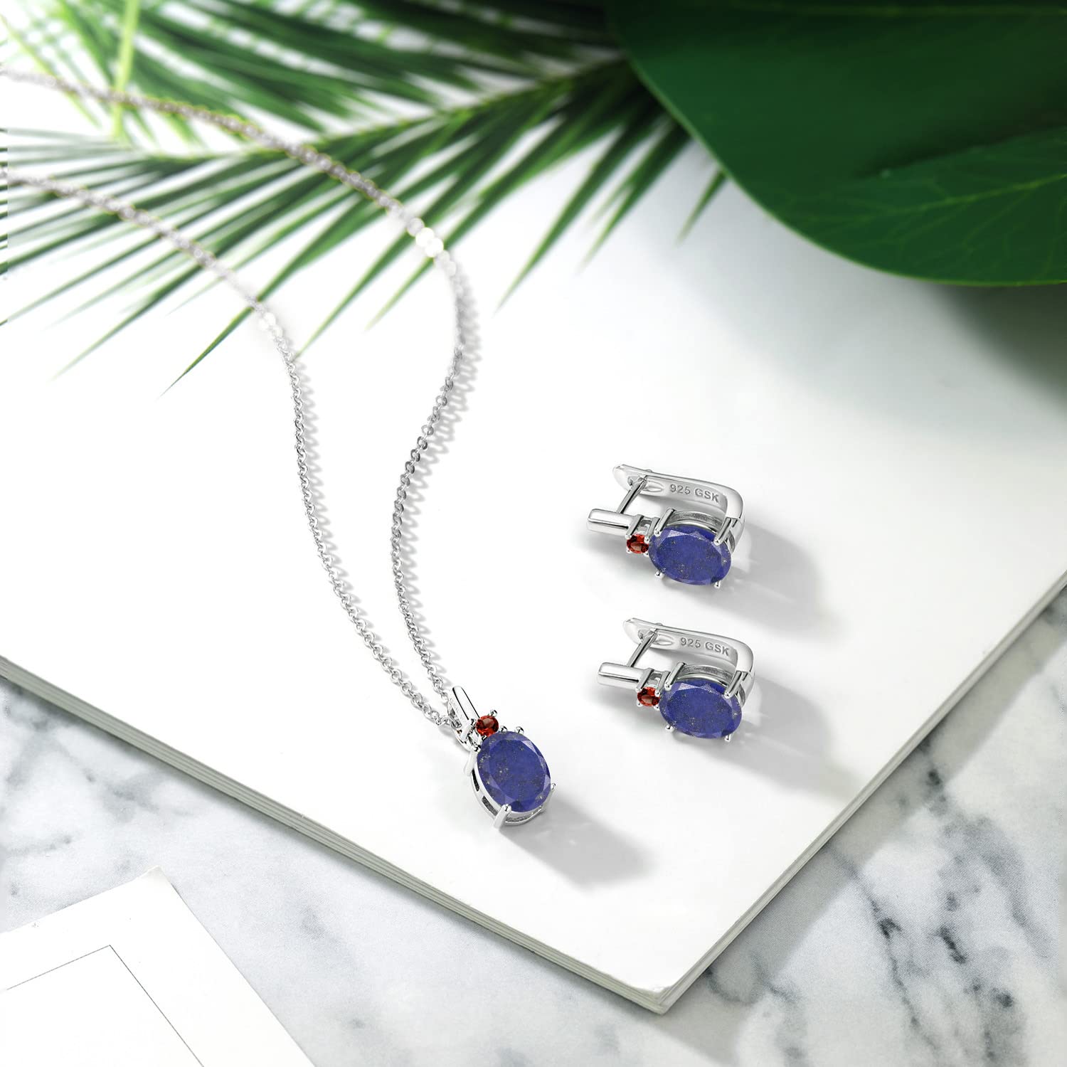 6.21 Ct Blue Lapis & Red Garnet 925 Sterling Silver Pendant Earrings Set | Gem Stone King | Elegant Jewelry Gift for Women, Birthday, Anniversary, Party Wear