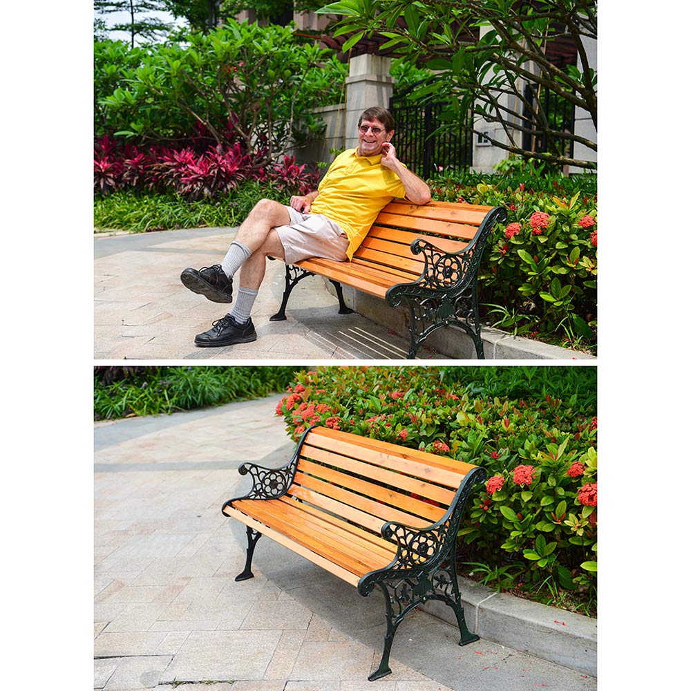 3-Seater Outdoor Park Bench - Weather-Resistant Solid Wood Slatted Seat with Backrest & Armrests - Cast Iron Frame Garden Terrace Bench - Perfect for Porches, Patios, Gardens and Public Parks