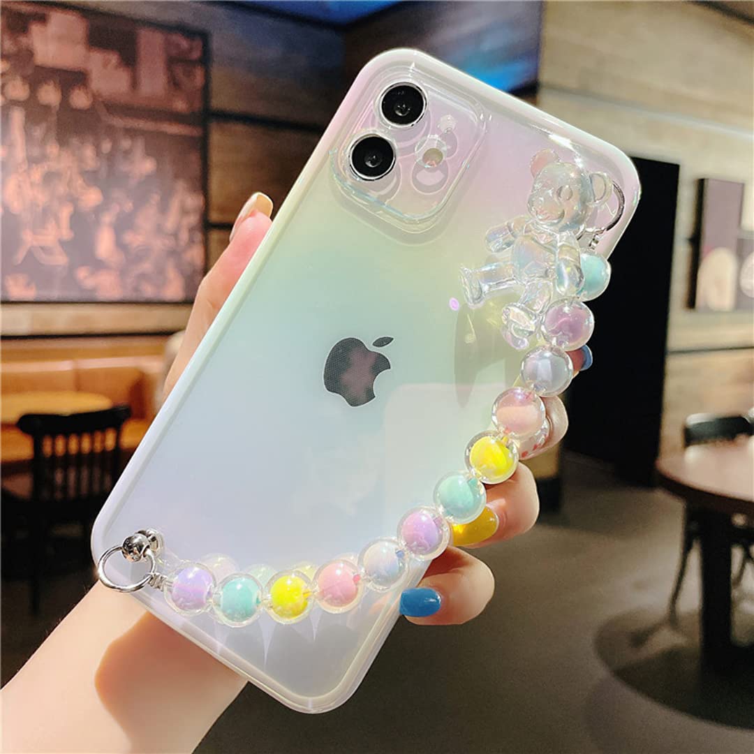 Stylish Laser Glitter iPhone XR Case for Women - Glossy Gradient Rainbow Phone Cover with Cute Cartoon Bear & Pearl Chain Bracelet, Soft Silicone Protective Case (Green) - Perfect for Everyday Use, Parties & Gifts