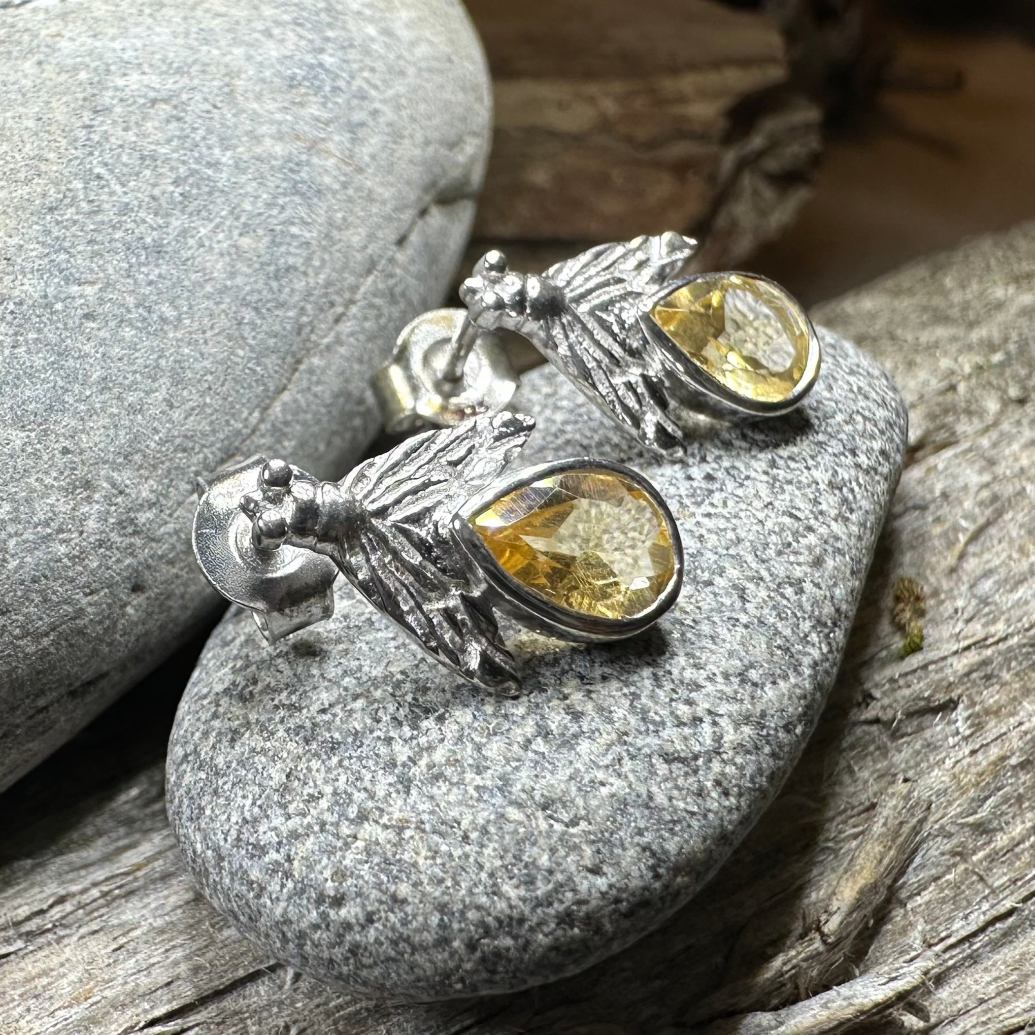 Natural Citrine Bee Stud Earrings for Women - 14K Gold Plated Handmade Jewelry - Perfect for Everyday Wear & Gift Giving